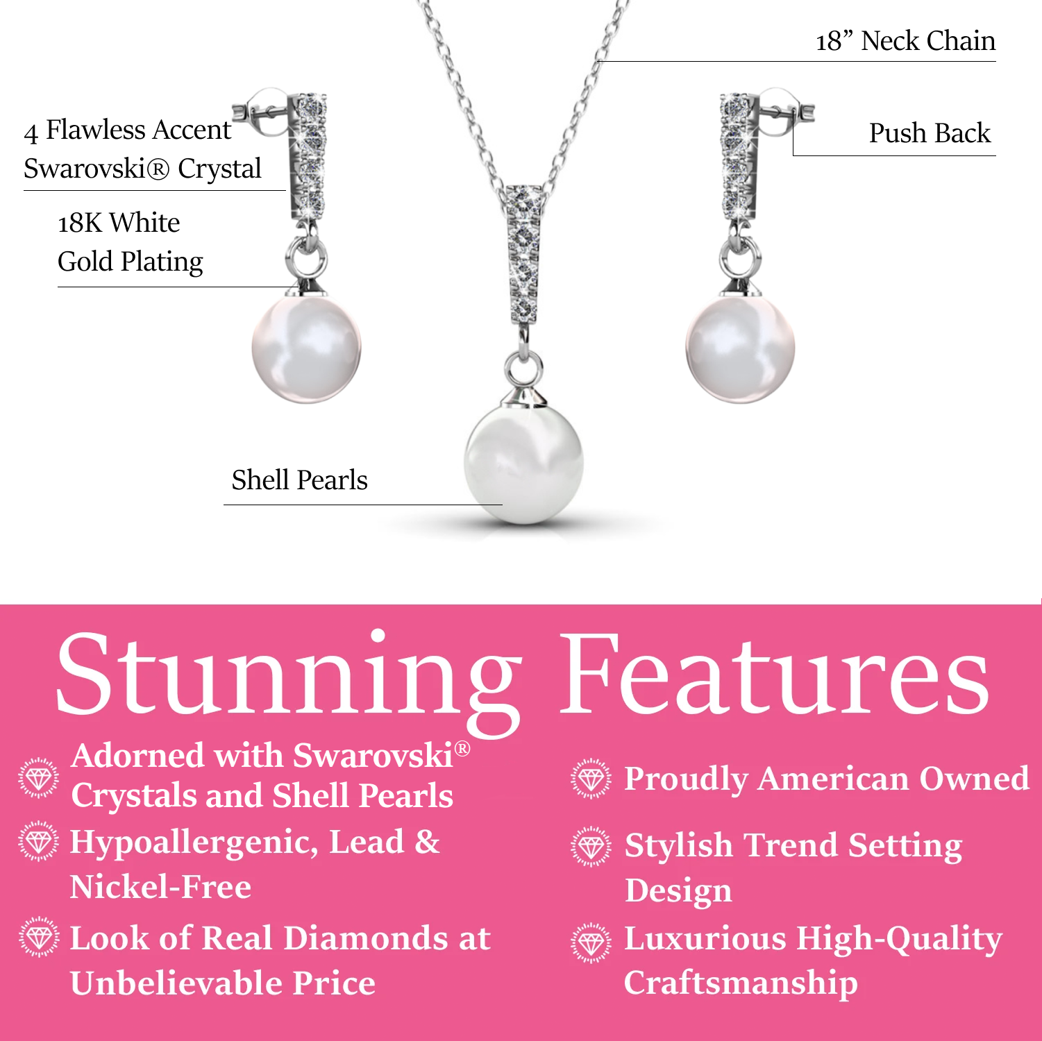 Gabrielle 18k White Gold Plated Pearl Drop Earrings and Necklace Jewelry Set with Swarovski Crystals