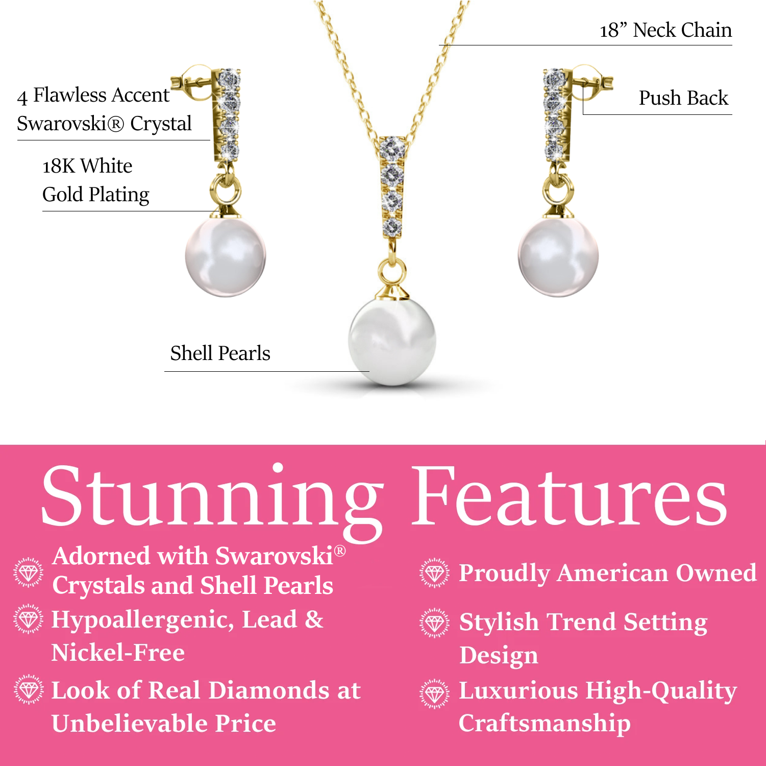 Gabrielle 18k White Gold Plated Pearl Drop Earrings and Necklace Jewelry Set with Swarovski Crystals