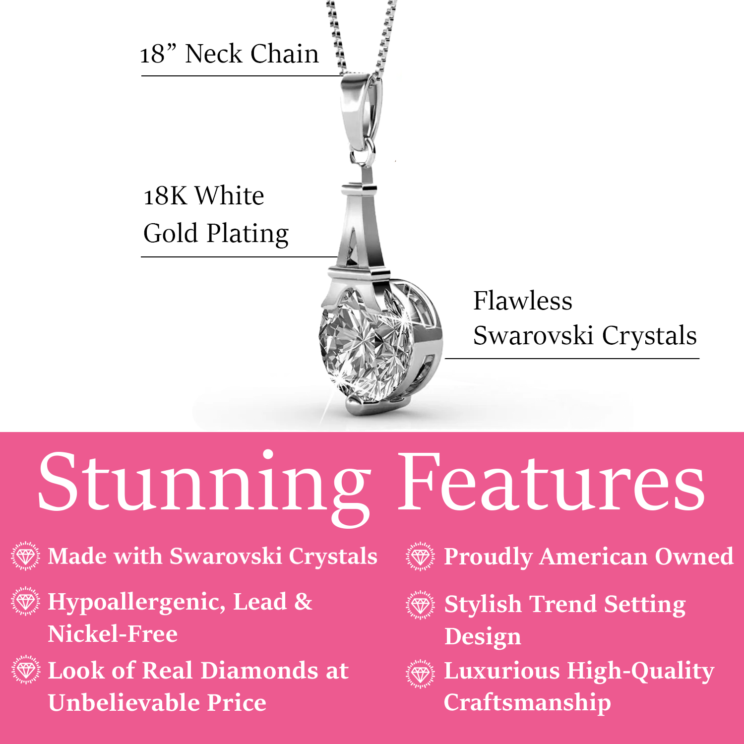 Isla 18k White Gold Plated Pendant Necklace with Round Swarovski Crystal