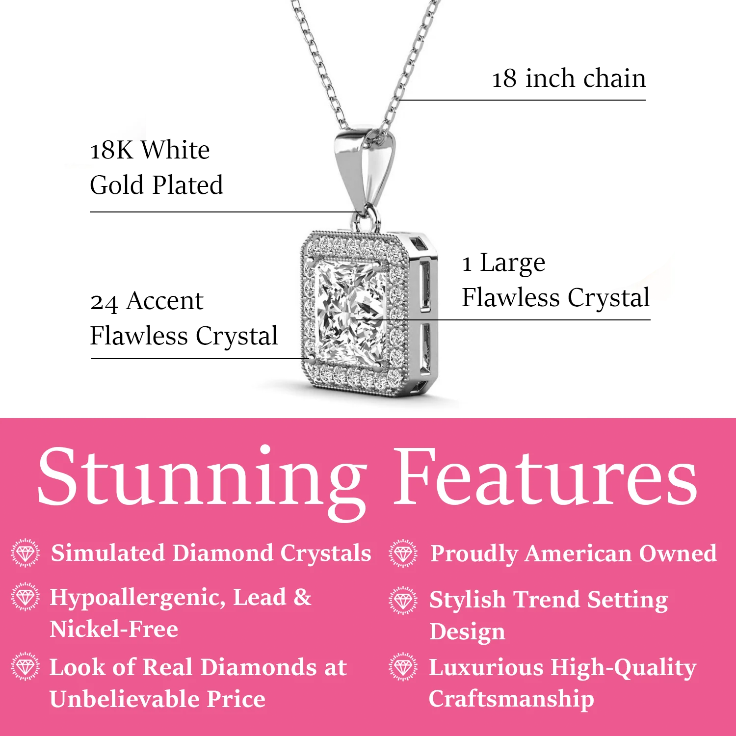 Ivy 18k White Gold Plated Pendant Necklace with Simulated Diamond Crystals