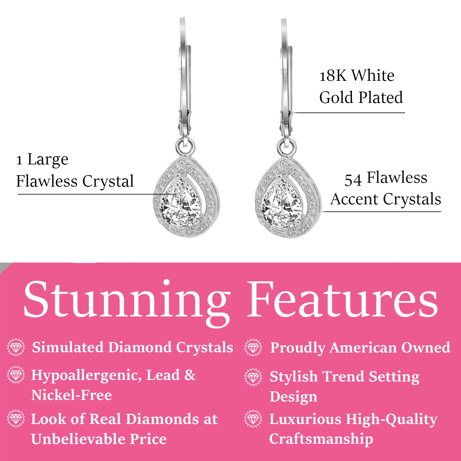 Izzy 18k White Gold Plated Halo Teardrop Earrings with Simulated Diamond Crystals