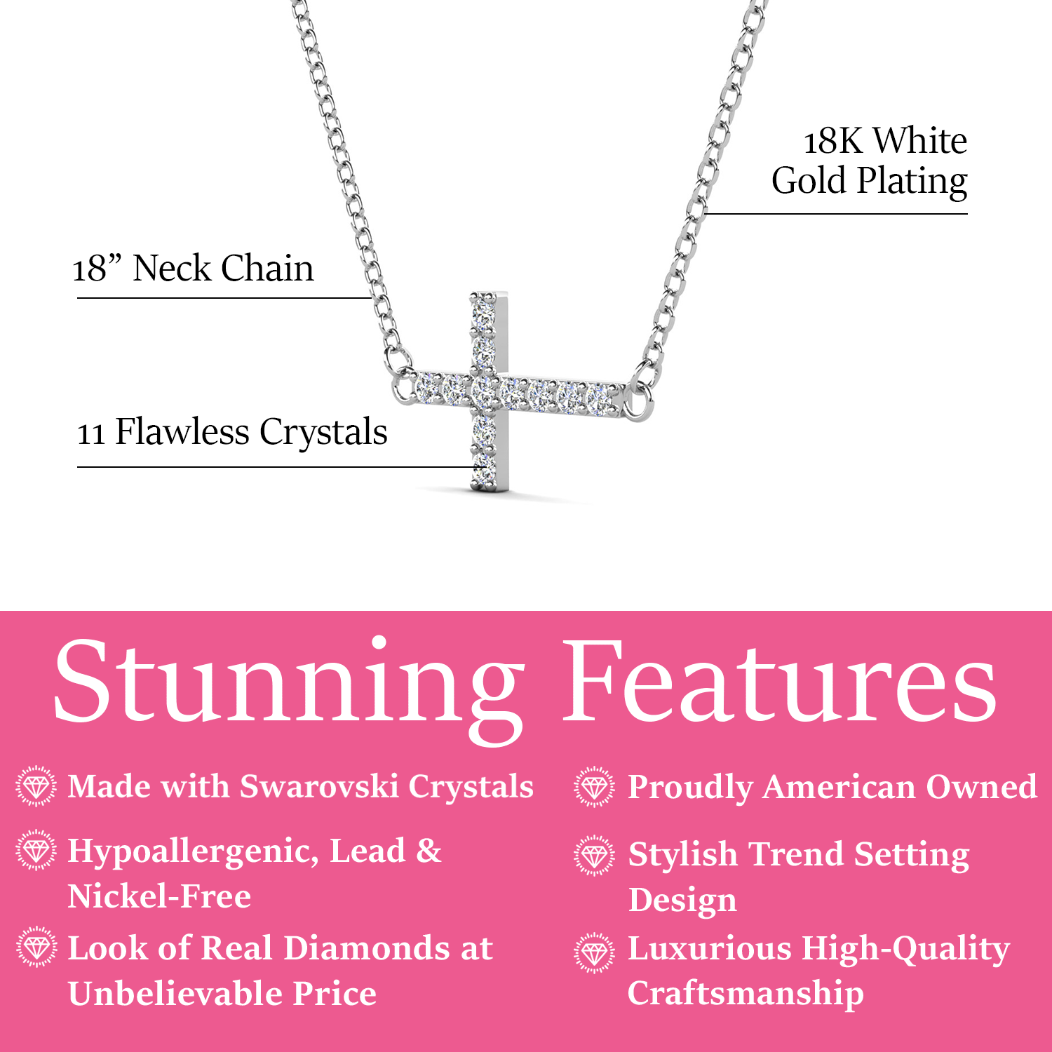 Joy 18k White Gold Plated Cross Pendant Necklace with Swarovski Crystals