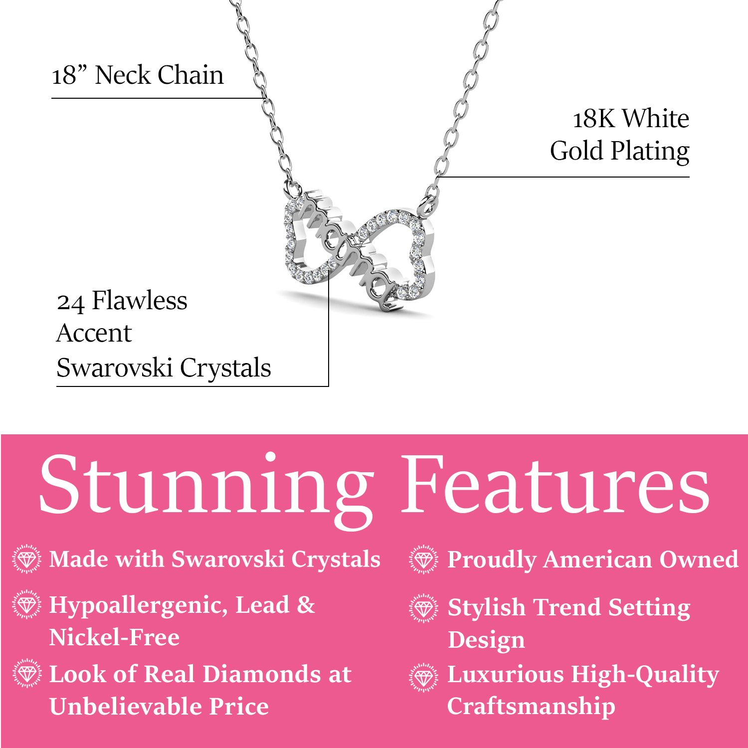 Lisa 18k White Gold Plated Infinity Mom Heart Necklace with Swarovski Crystals