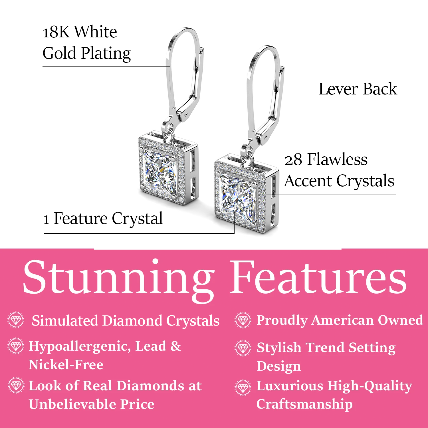 Maeve 18k White Gold Plated Drop Dangle Halo Earrings with Simulated Diamond Crystals
