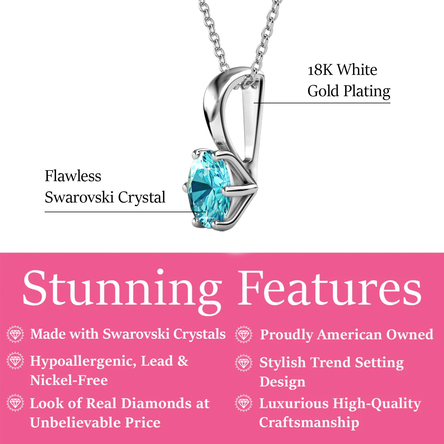 Birthstone Necklace 18k White Gold Plated Solitaire Necklace with 1CT Swarovski Crystal