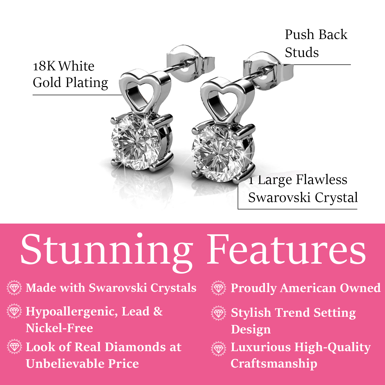 Marian 18k White Gold Heart Earrings with Round Cut Swarovski Crystals