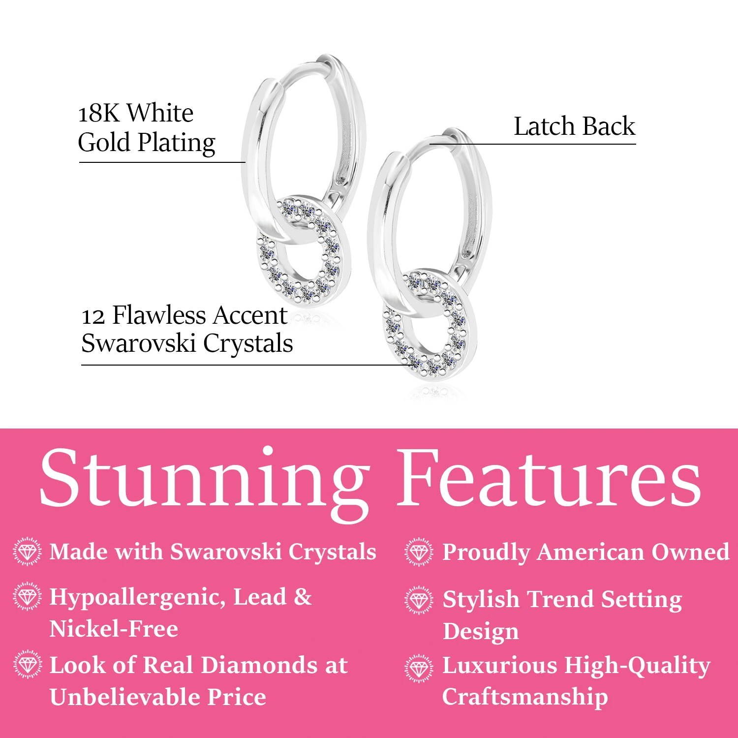 Nala 18k White Gold Plated 14mm Hoop Earrings with Swarovski Crystals