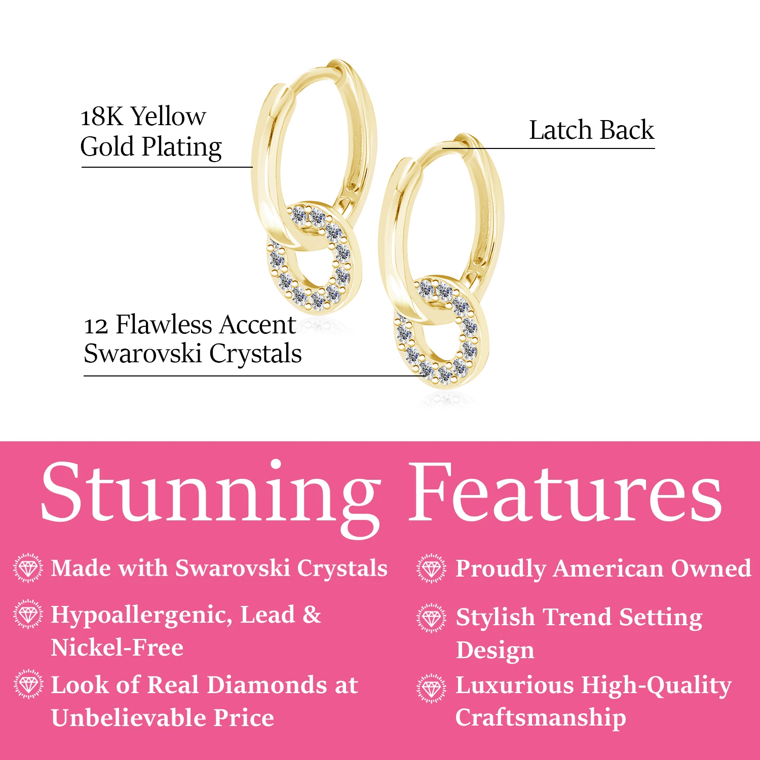 Nala 18k White Gold Plated 14mm Hoop Earrings with Swarovski Crystals