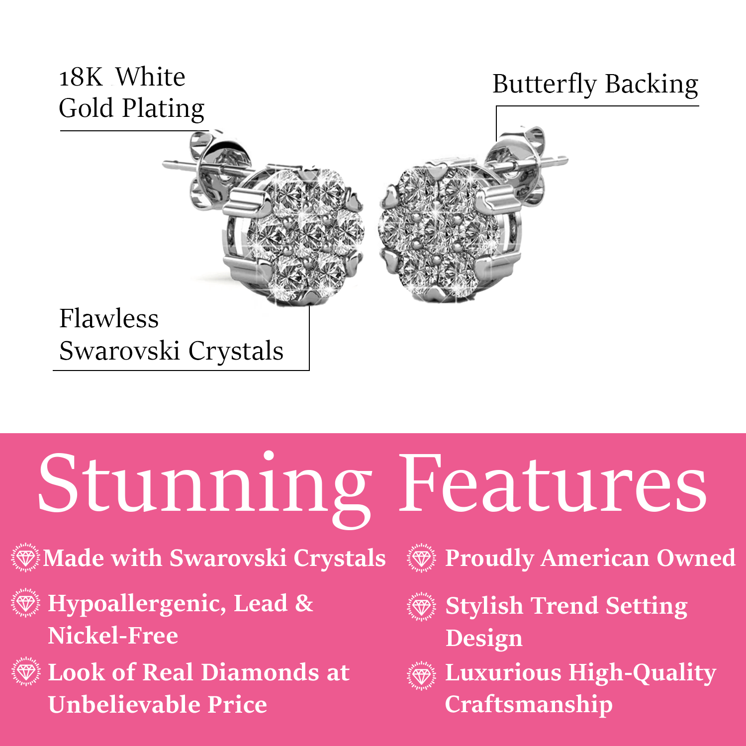 Remy 18k White Gold Plated Stud Earrings with Heart Accents and Swarovski Crystals