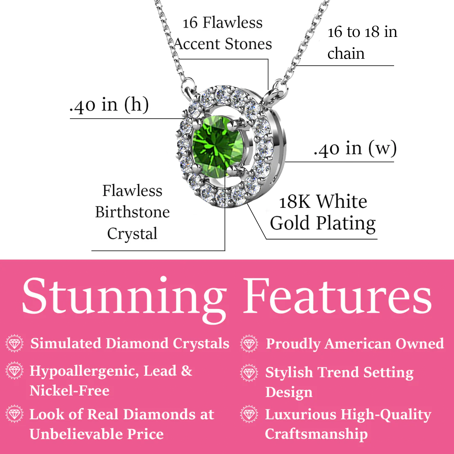 Royal 18k White Gold Plated August Birthstone Halo Necklace with Round Cut Peridot Swarovski Crystals