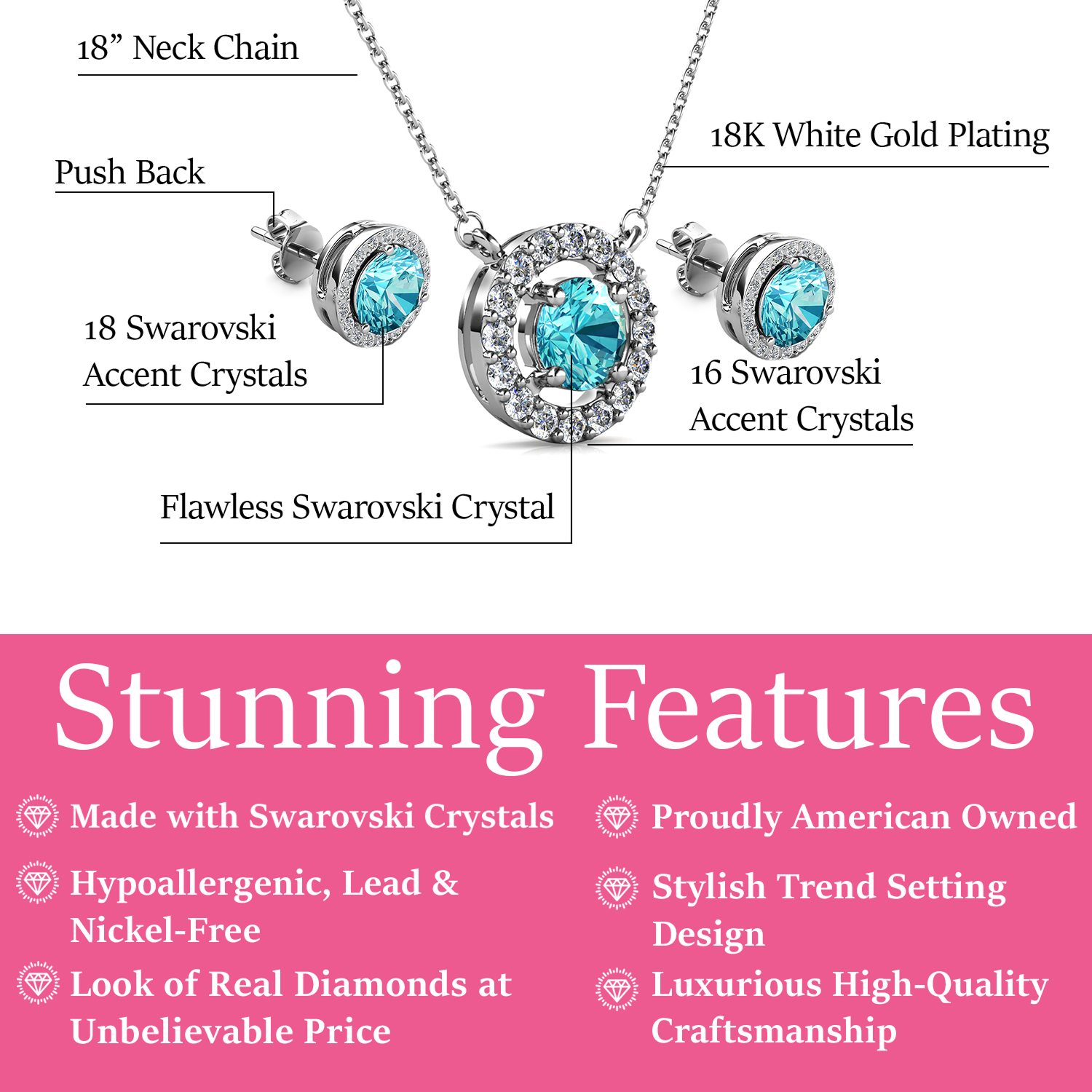 Royal 18k White Gold Plated Birthstone Halo Earrings and Necklace Set with Swarovski Crystals