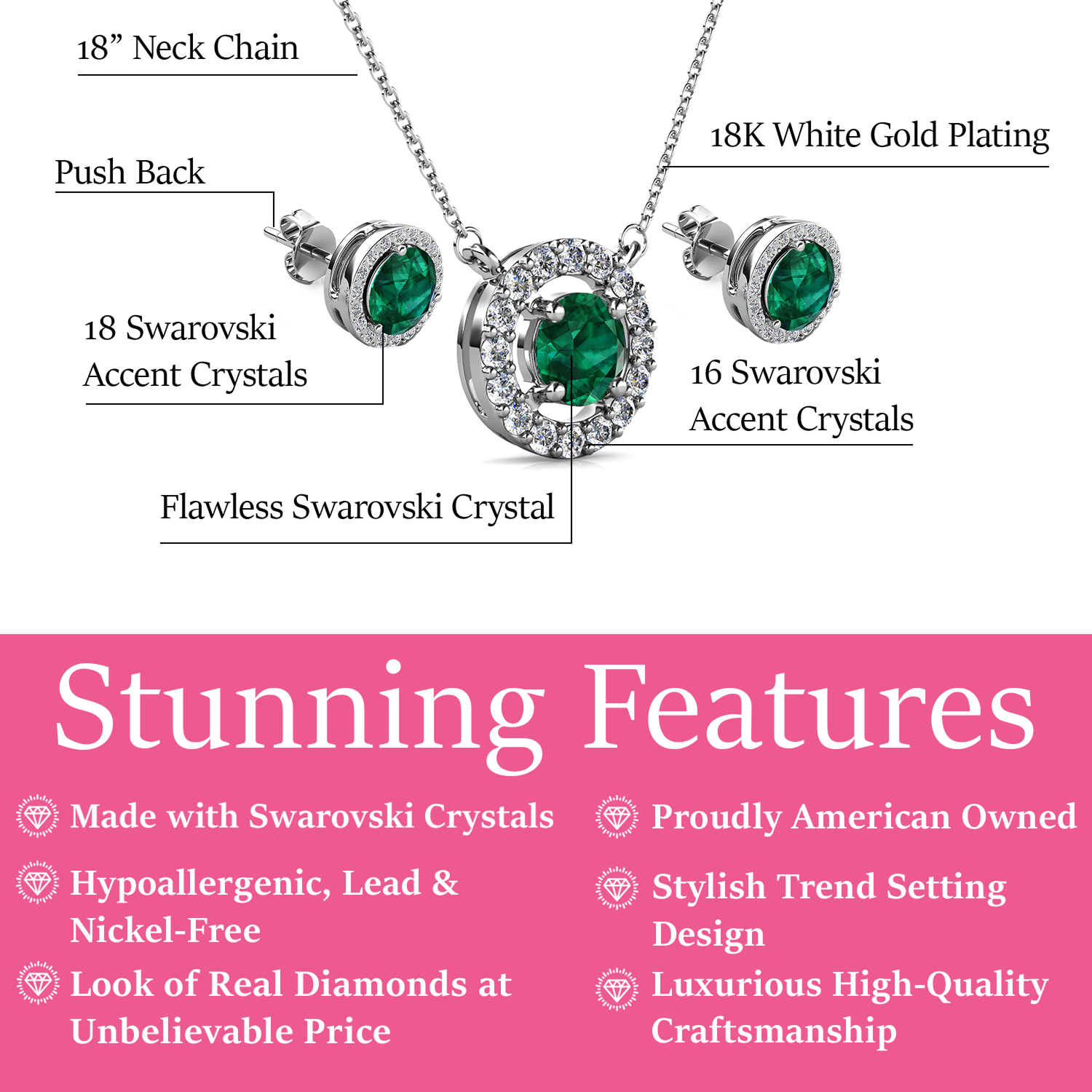 Royal 18k White Gold Plated Birthstone Halo Earrings and Necklace Set with Swarovski Crystals