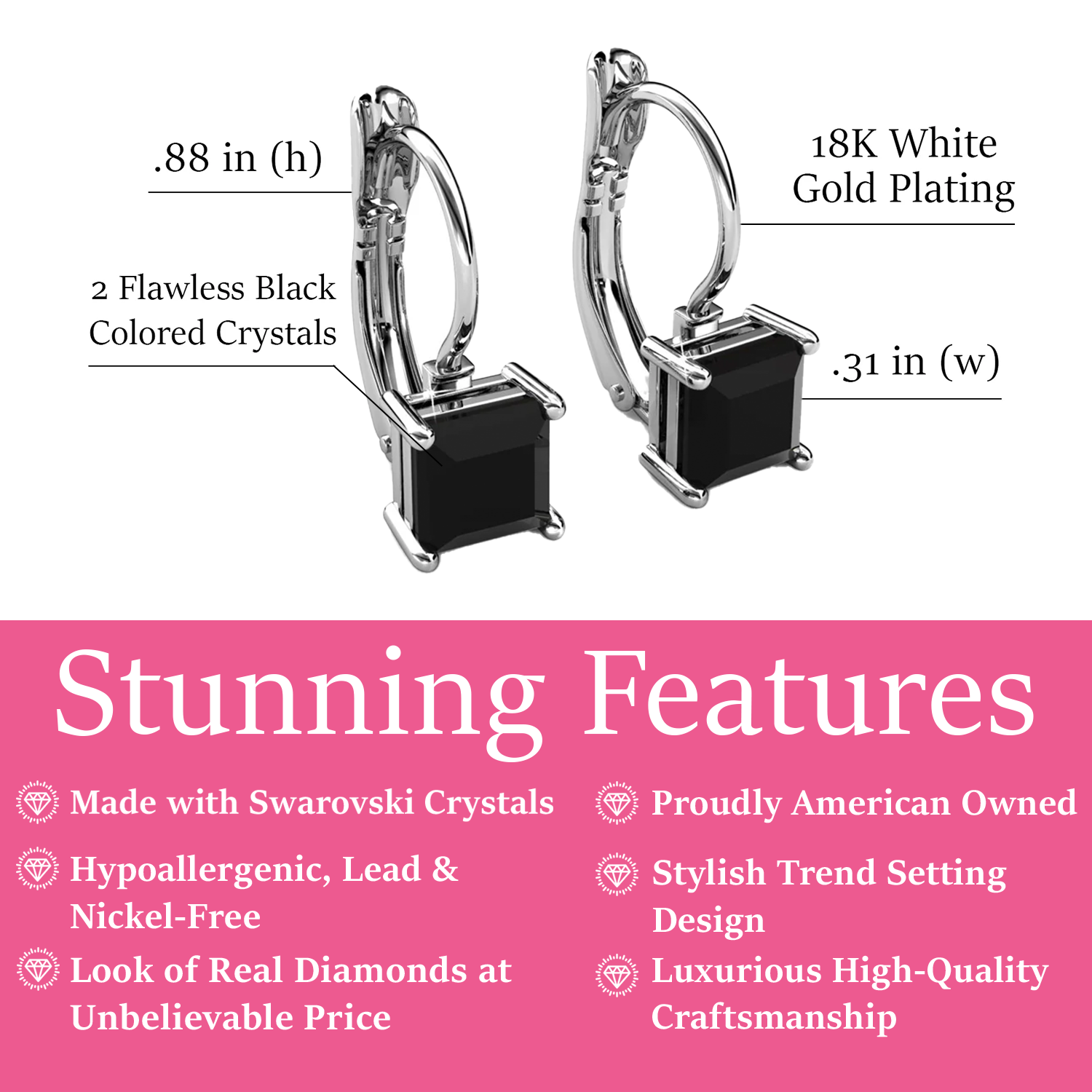 Samantha 18k White Gold Plated Drop Earrings with Black Swarovski Crystal