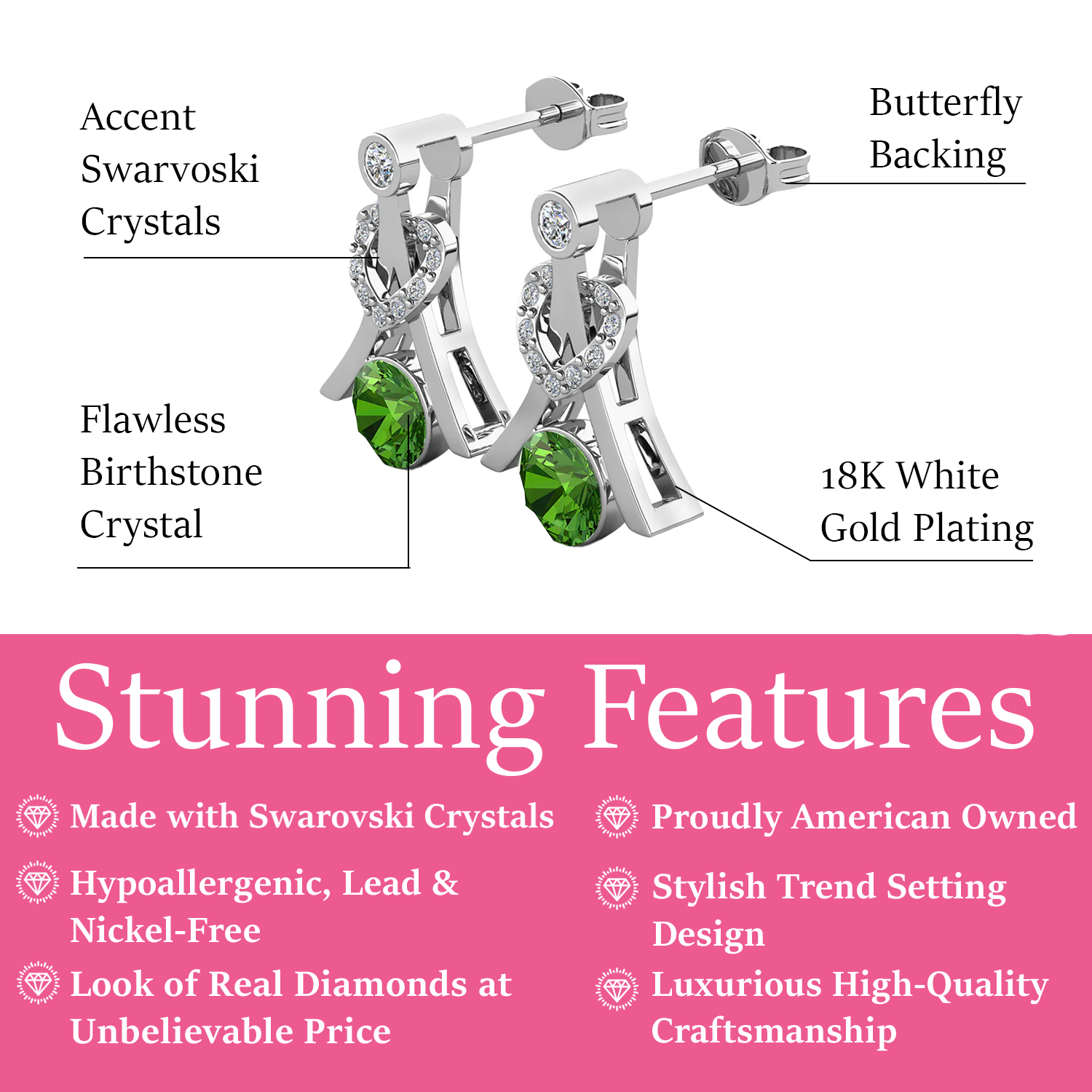 Serenity Birthstone Earrings 18k White Gold Plated with Round Cut Swarovski Crystals