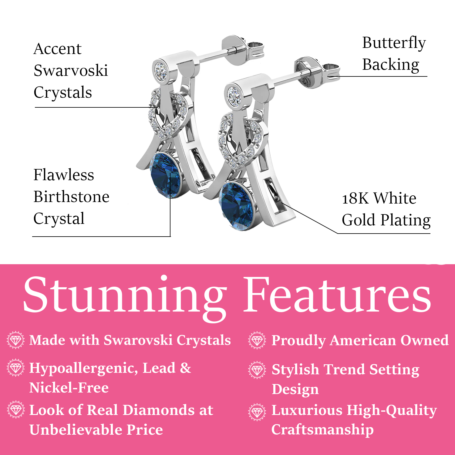 Serenity December Birthstone Blue Topaz Earrings 18k White Gold Plated Silver Earrings with Round Cut Swarovski Crystals