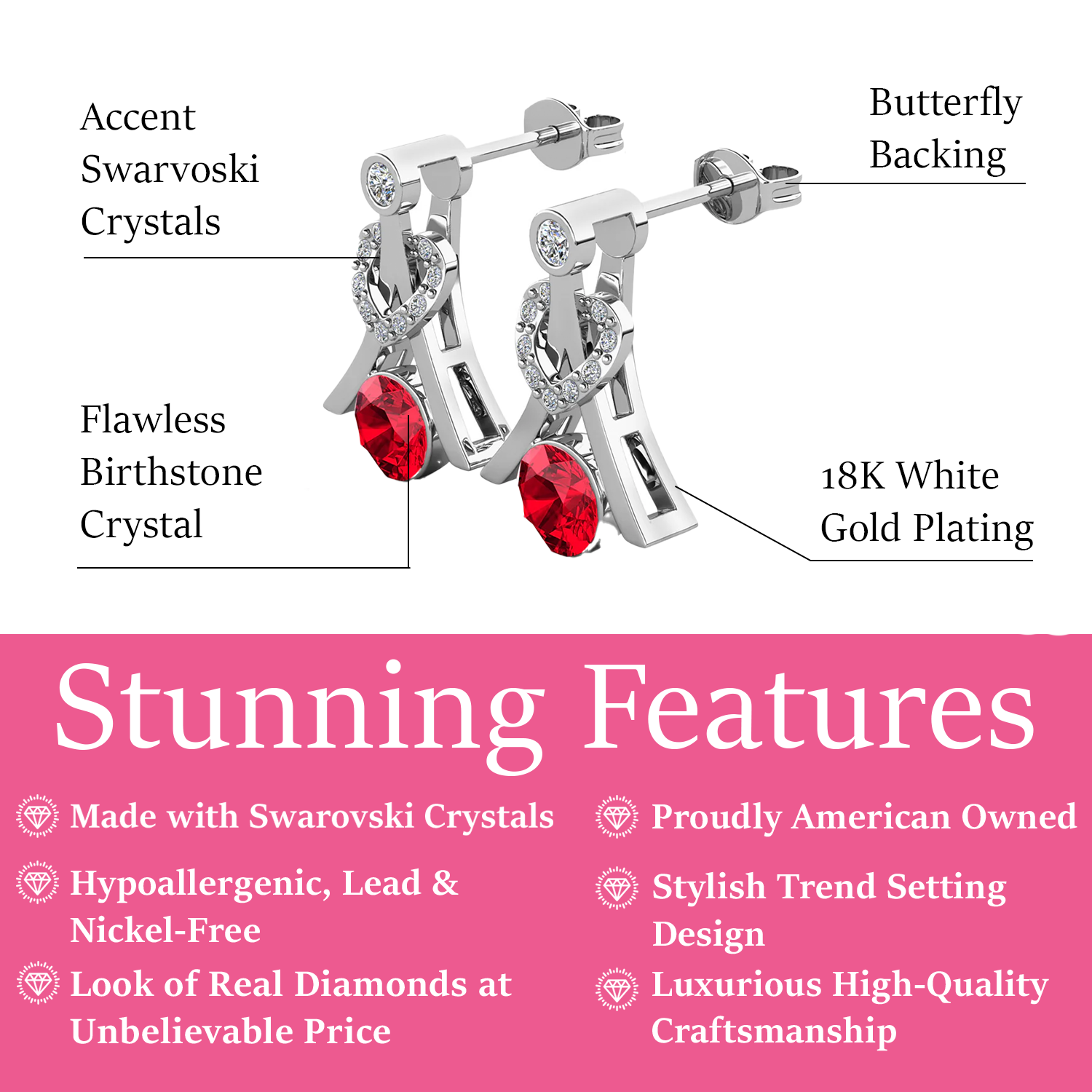 Serenity Birthstone Earrings 18k White Gold Plated with Round Cut Swarovski Crystals