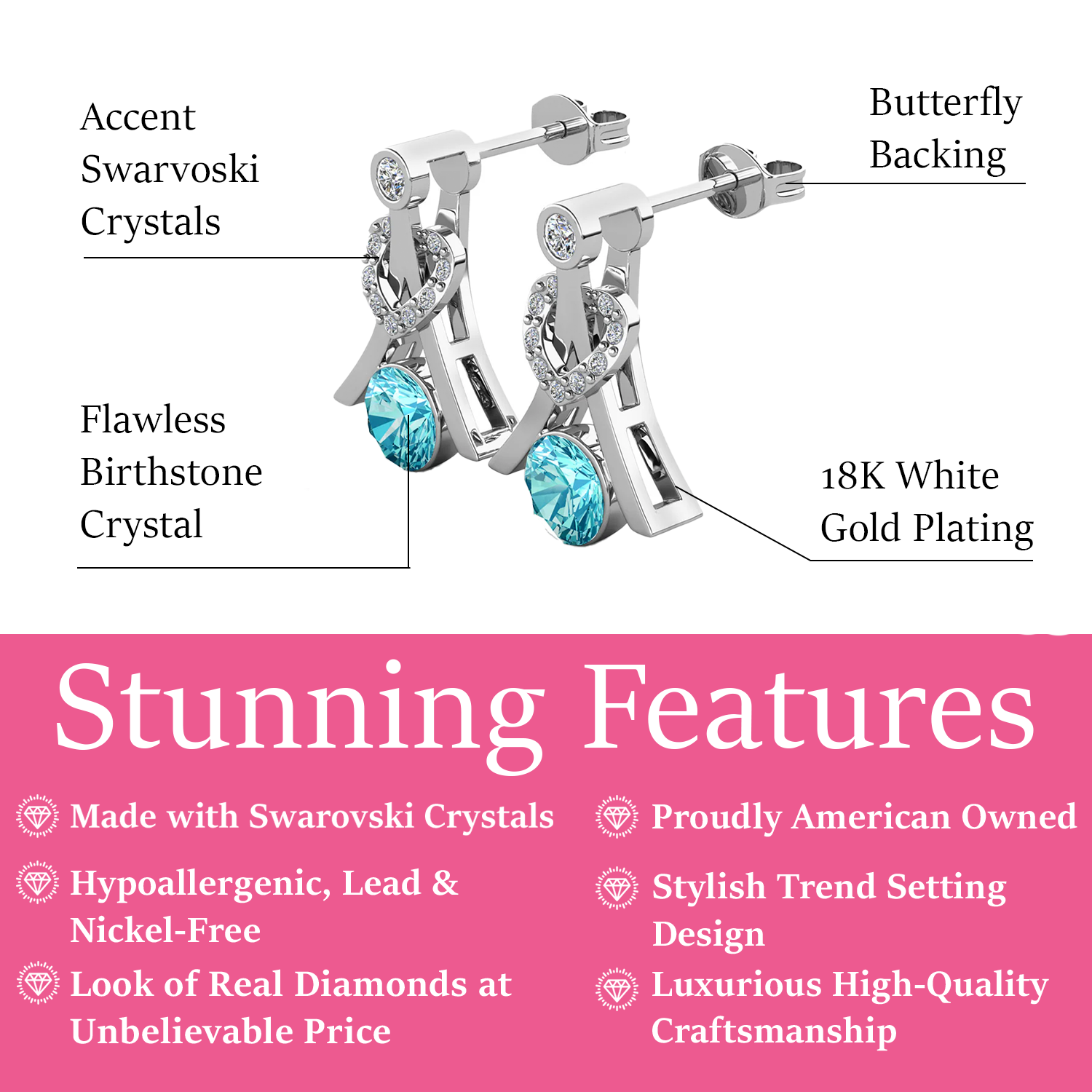 Serenity March Birthstone Aquamarine Earrings 18k White Gold Plated Silver Earrings with Round Cut Swarovski Crystals