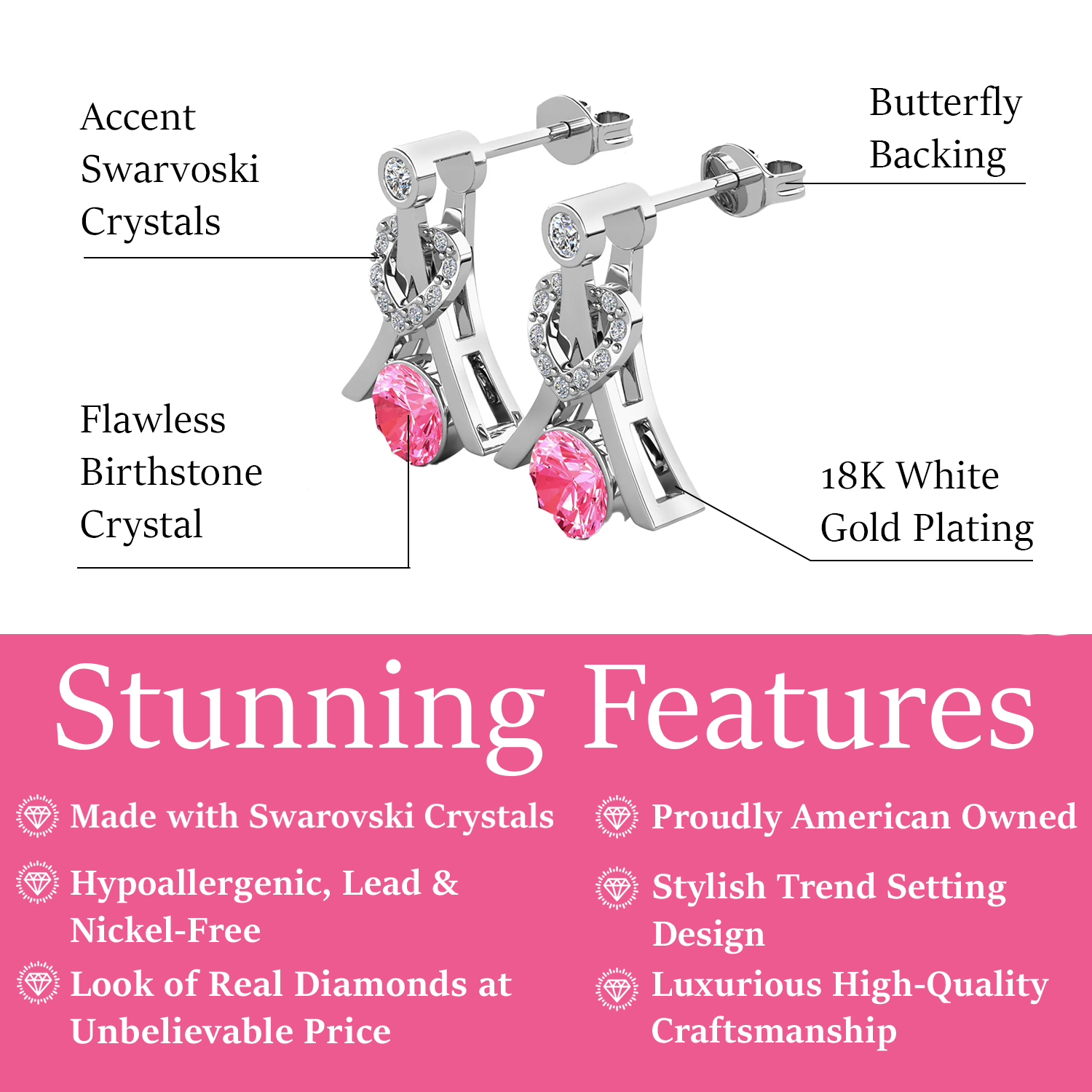 Serenity Birthstone Earrings 18k White Gold Plated with Round Cut Swarovski Crystals