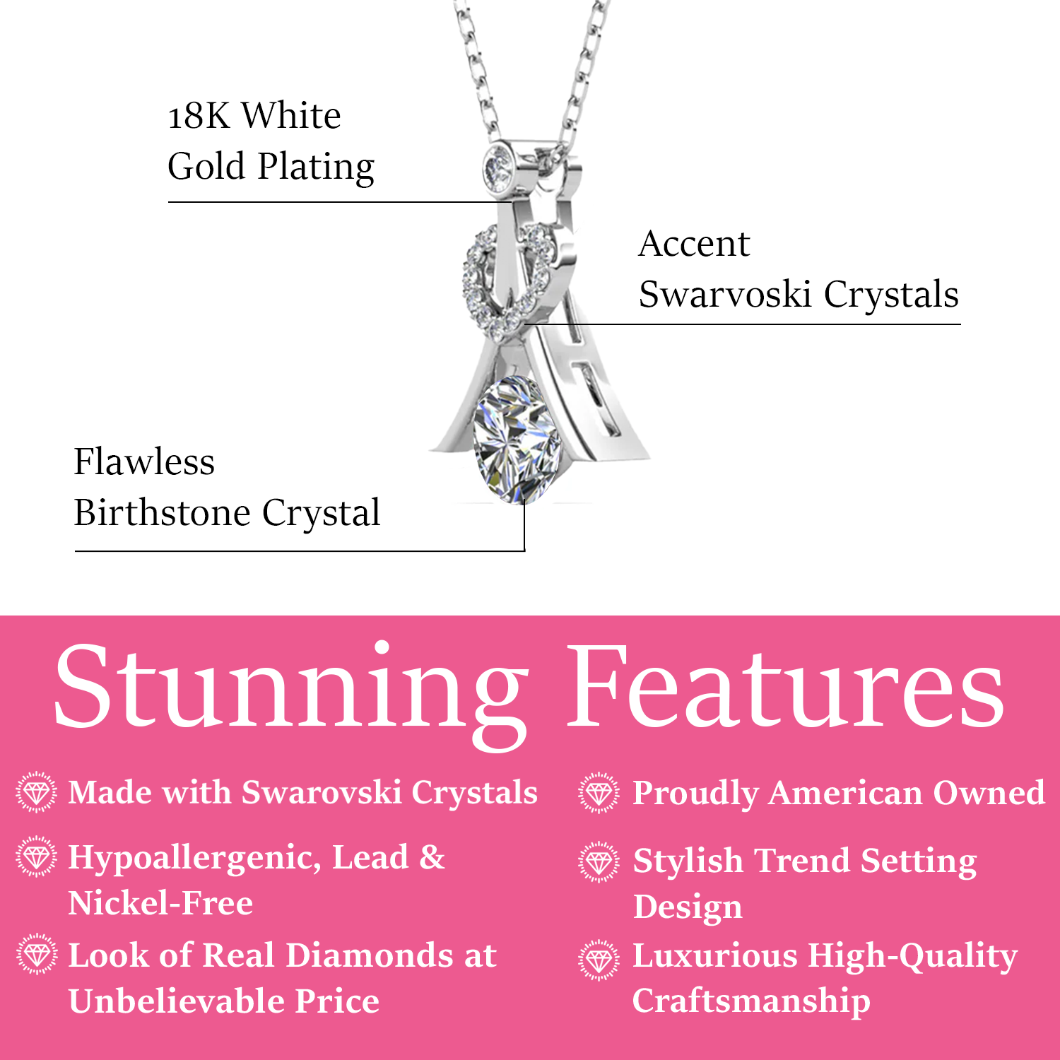 Serenity Birthstone Necklace 18k White Gold Plated with Round Cut Swarovski Crystals