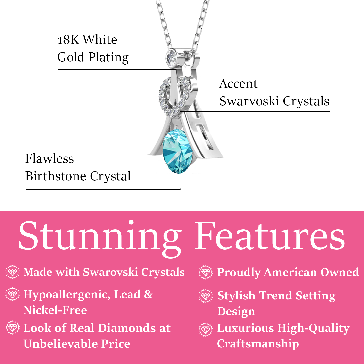 Serenity March Birthstone Aquamarine Necklace 18k White Gold Plated Silver Necklace with Round Cut Swarovski Crystals