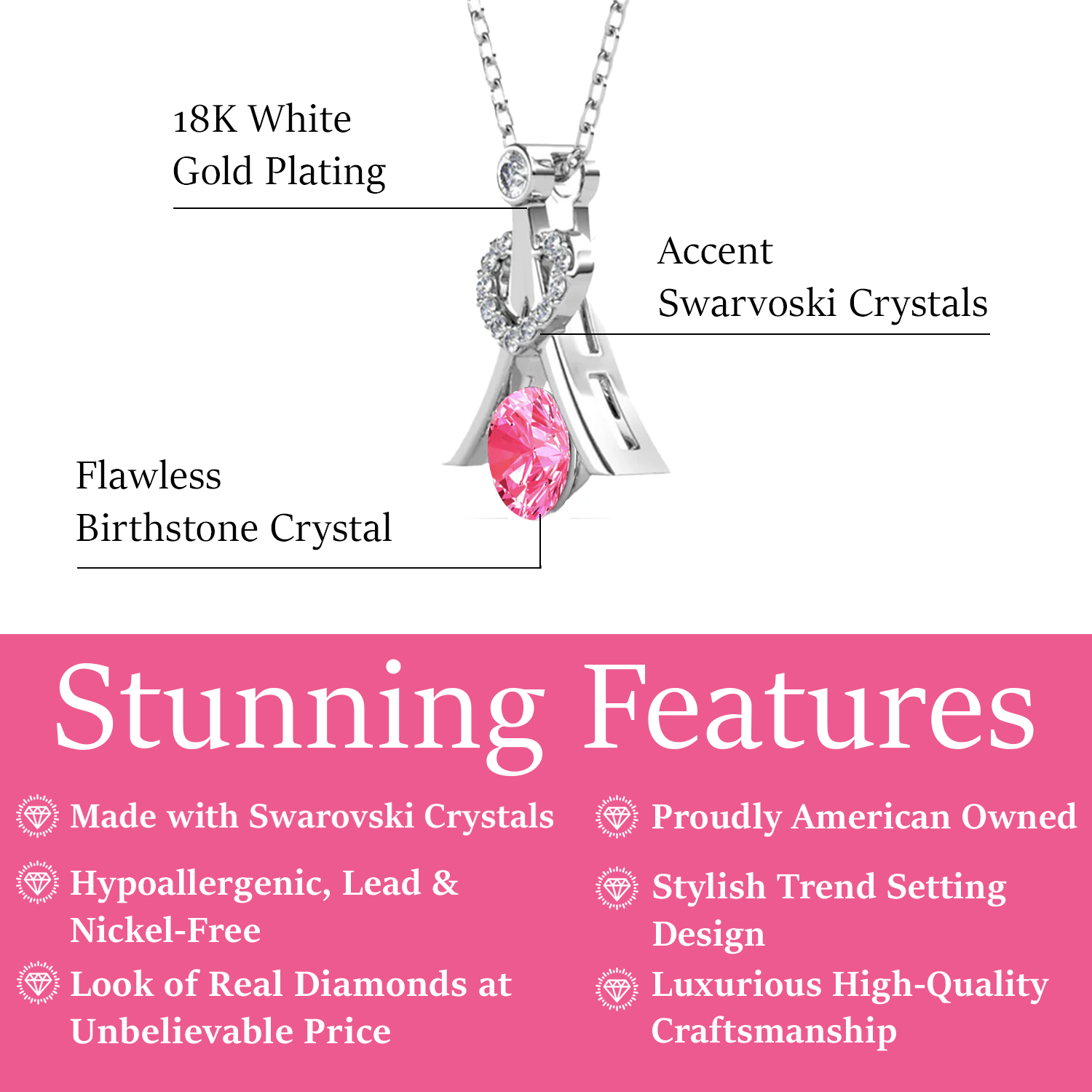 Serenity October Birthstone Pink Tourmaline Necklace 18k White Gold Plated Silver Necklace with Round Cut Swarovski Crystals