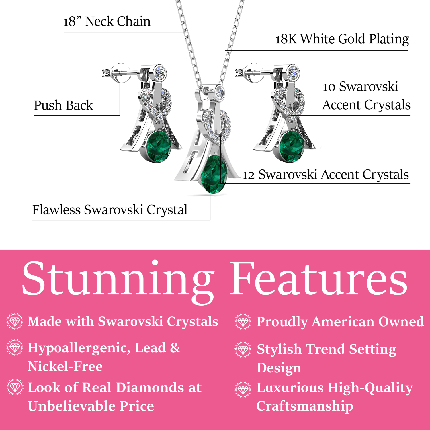 Serenity Birthstone 18k White Gold Plated Silver Earrings and Necklace Set with Swarovski Crystals