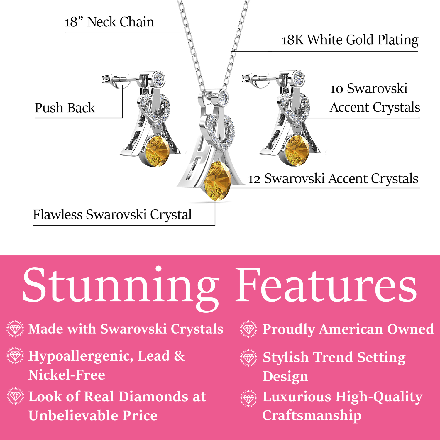 Serenity Birthstone 18k White Gold Plated Silver Earrings and Necklace Set with Swarovski Crystals