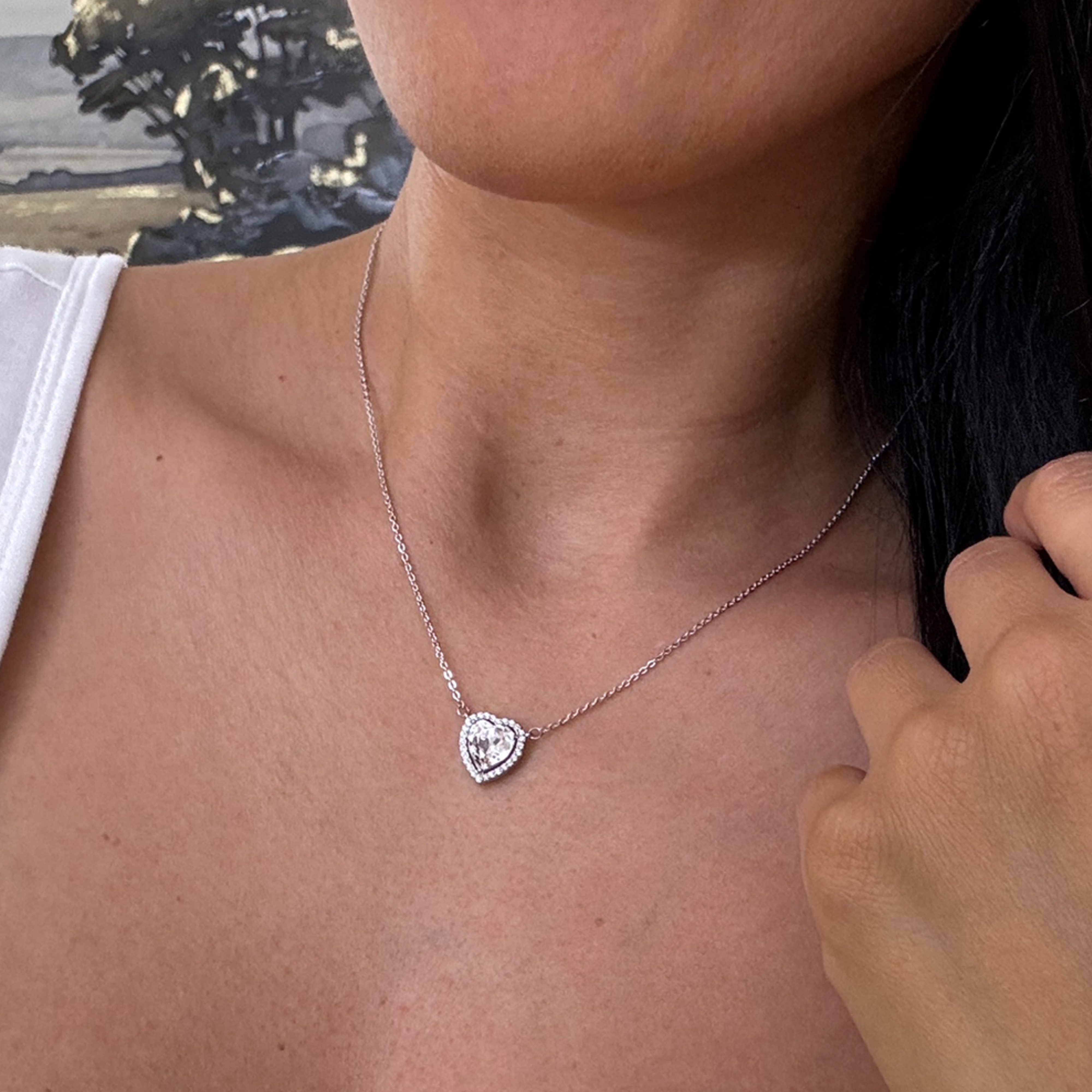 Tara 18k White Gold Plated Halo Heart Pendant Necklace with Swarovski Crystals - FAB FAV