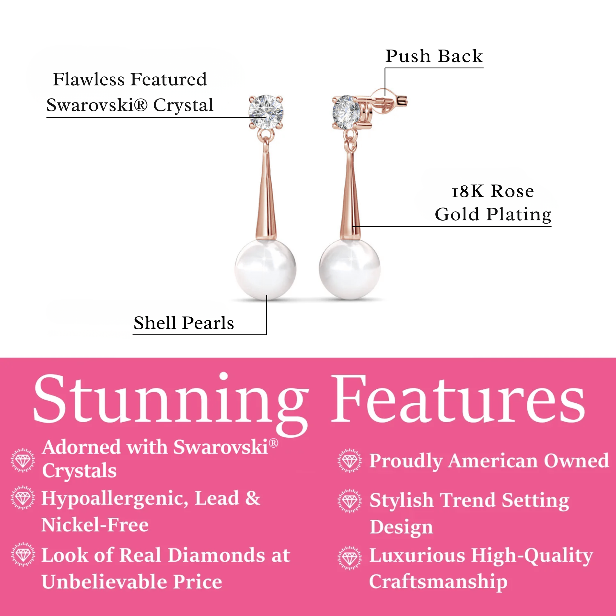 Tatum 18k White Gold Plated Pearl Dangling Stud Earrings with Swarovski Crystal