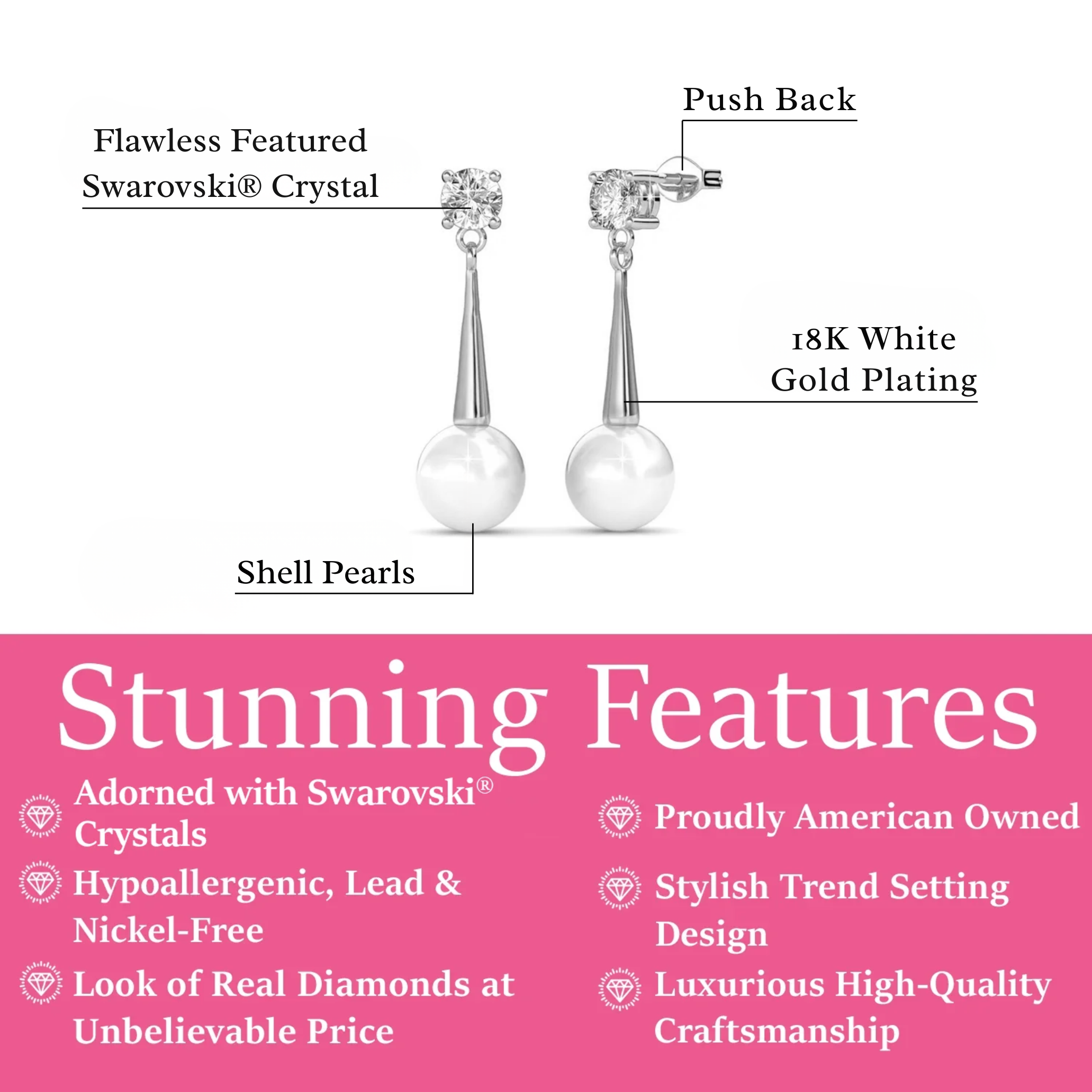 Tatum 18k White Gold Plated Pearl Dangling Stud Earrings with Swarovski Crystal