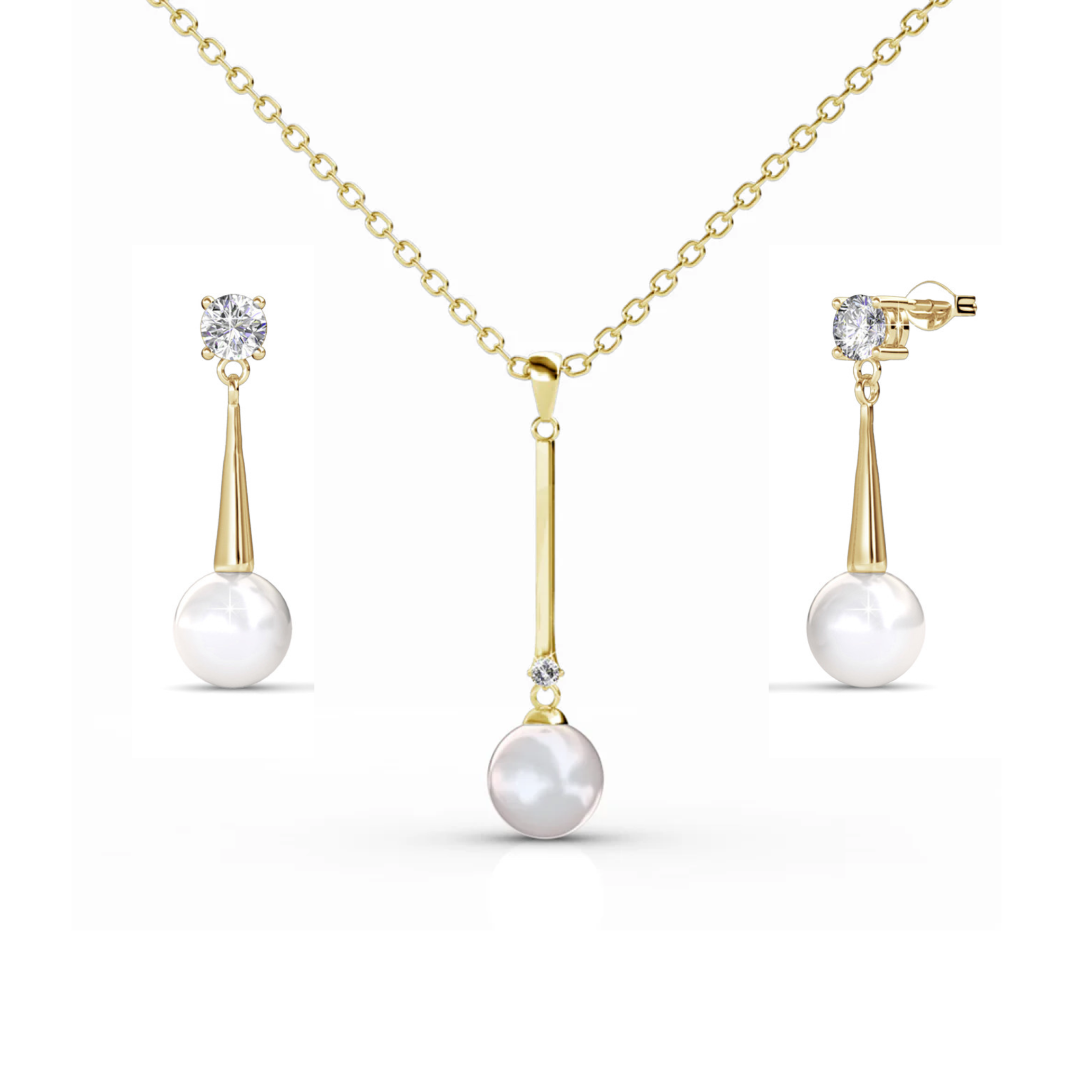 Tatum 18k White Gold Plated Pearl Necklace and Dangle Earrings Jewelry Set with Swarovski Crystals