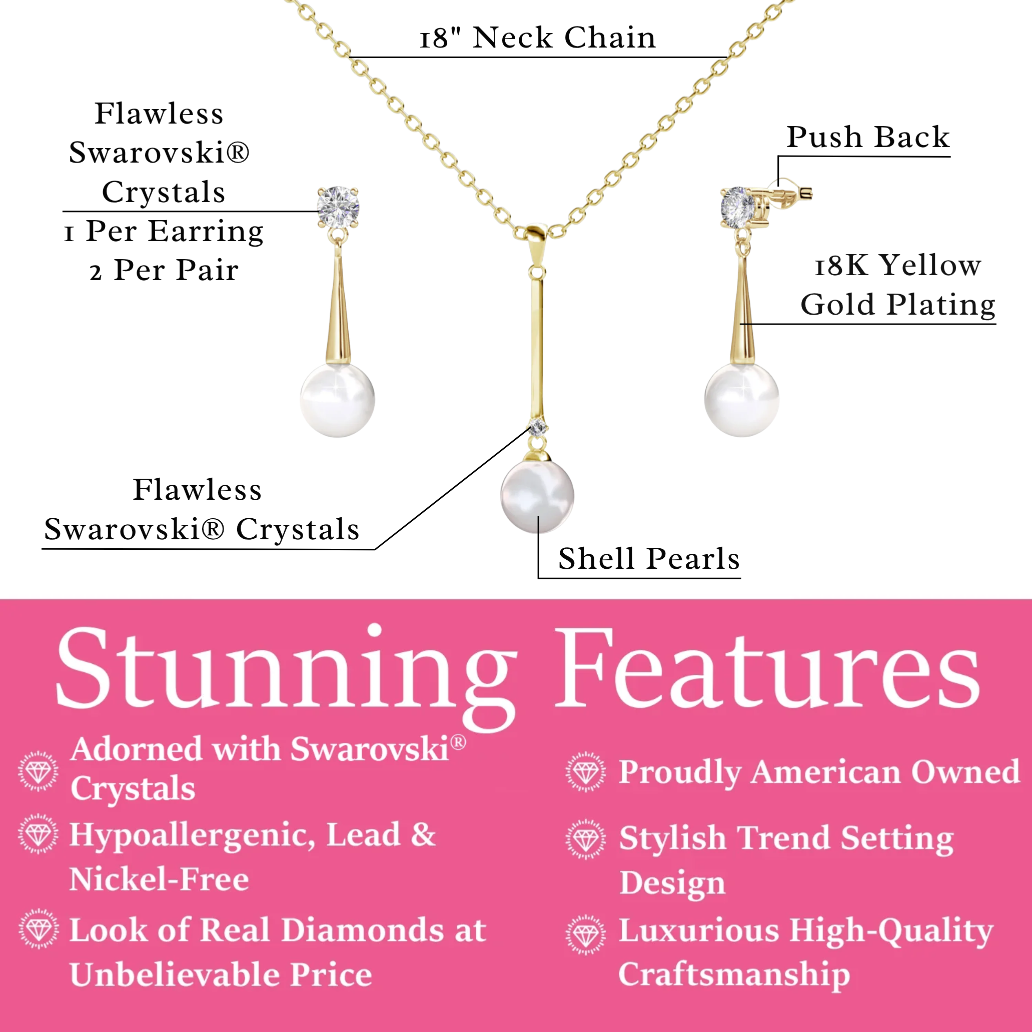 Tatum 18k White Gold Plated Pearl Necklace and Dangle Earrings Jewelry Set with Swarovski Crystals