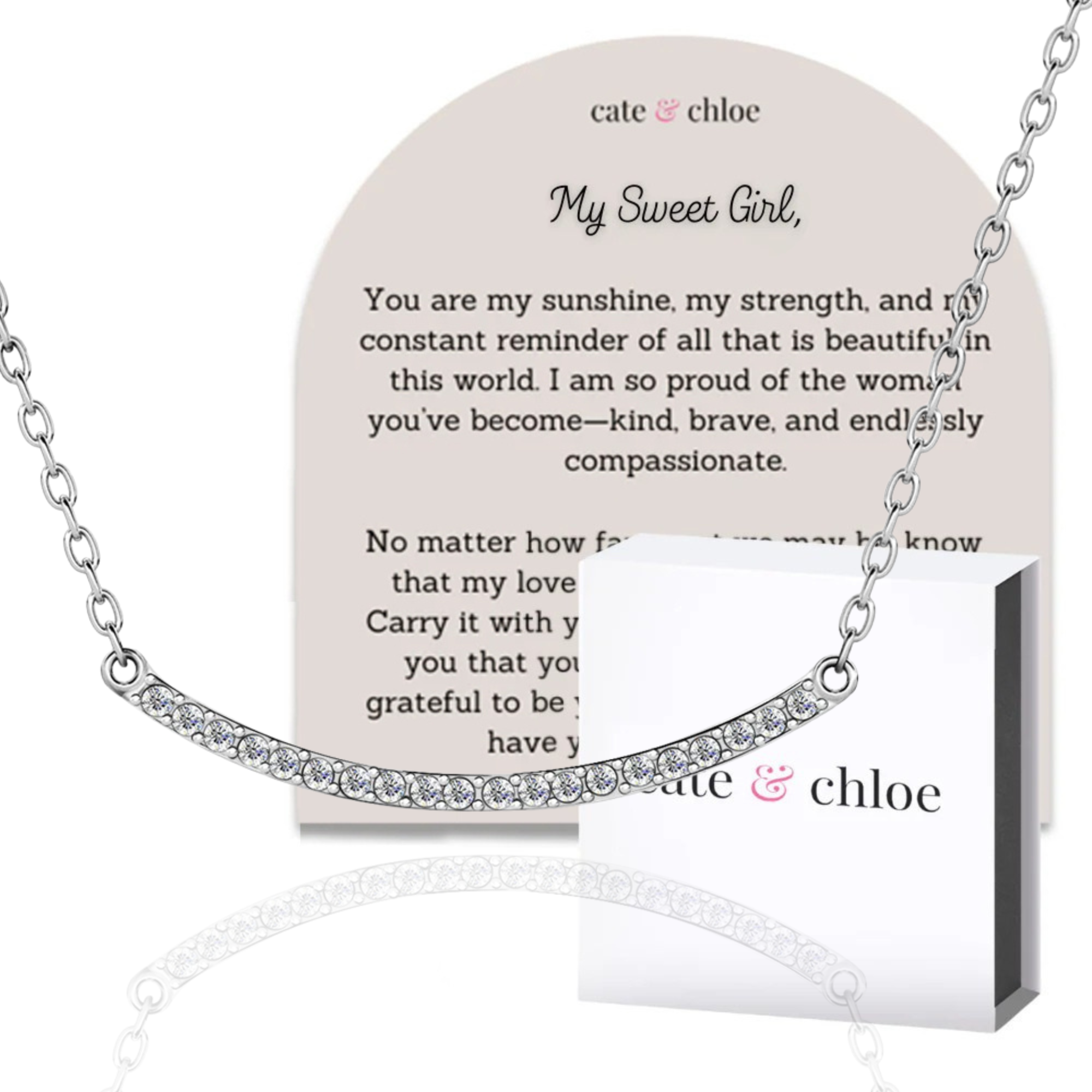 Tiana 18k White Gold Plated Linear Necklace with Swarovski Crystals & Heartfelt Message for Daughter