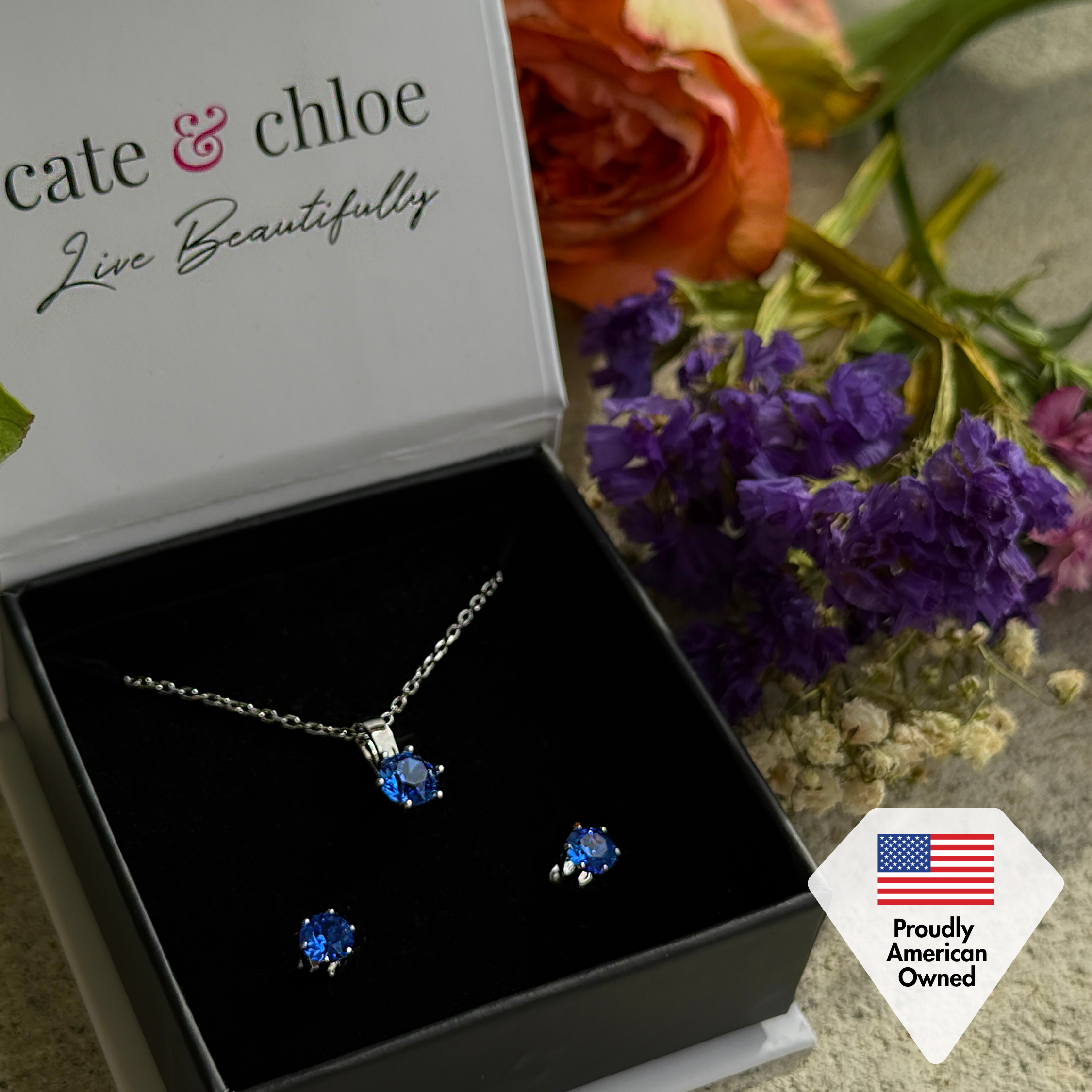 Birthstone 18k White Gold Plated Stud Earrings and Necklace Set with 1ct Swarovski Crystals