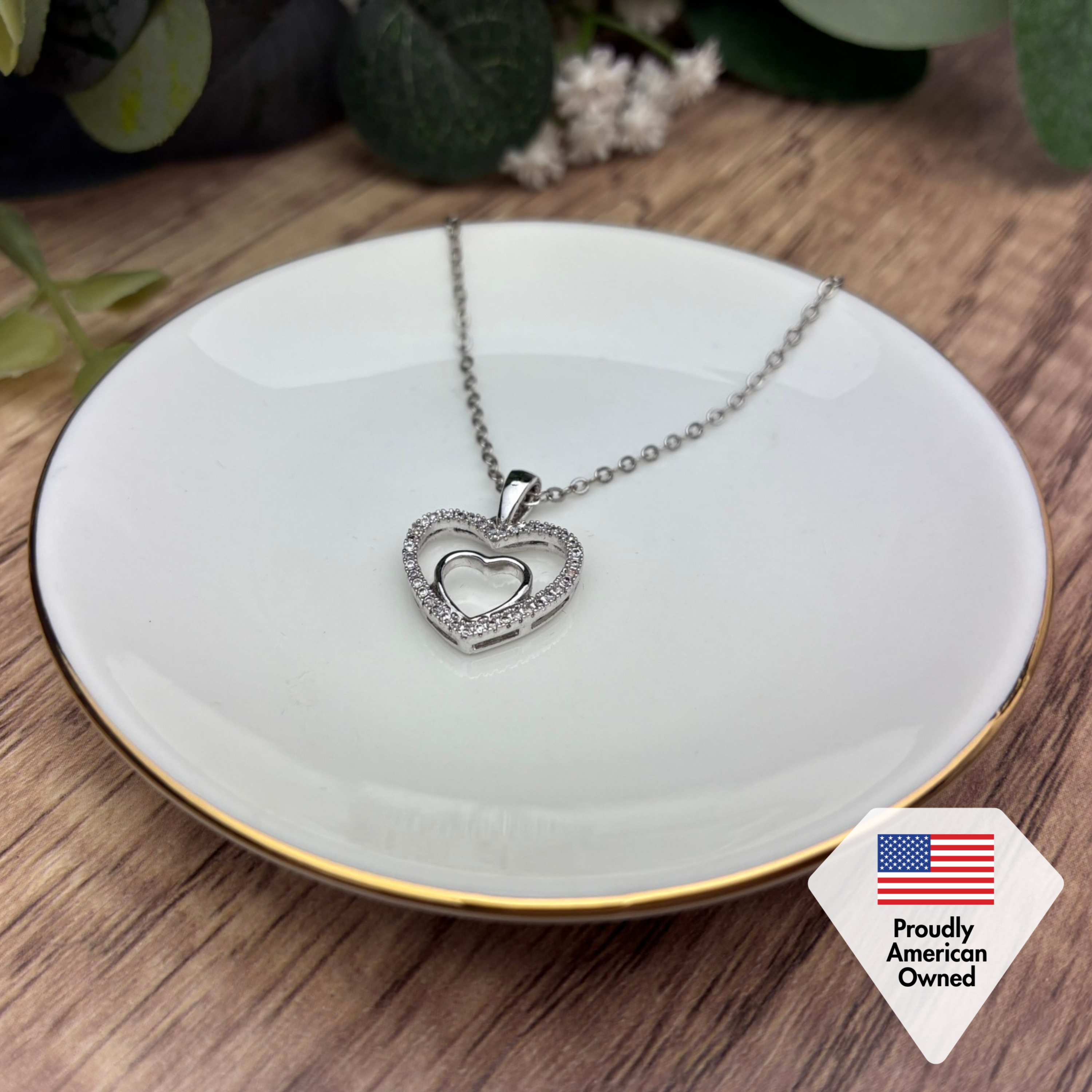 Amorette 18k White Gold Plated Double Heart Pendant Necklace with Pave Simulated Diamond Crystals