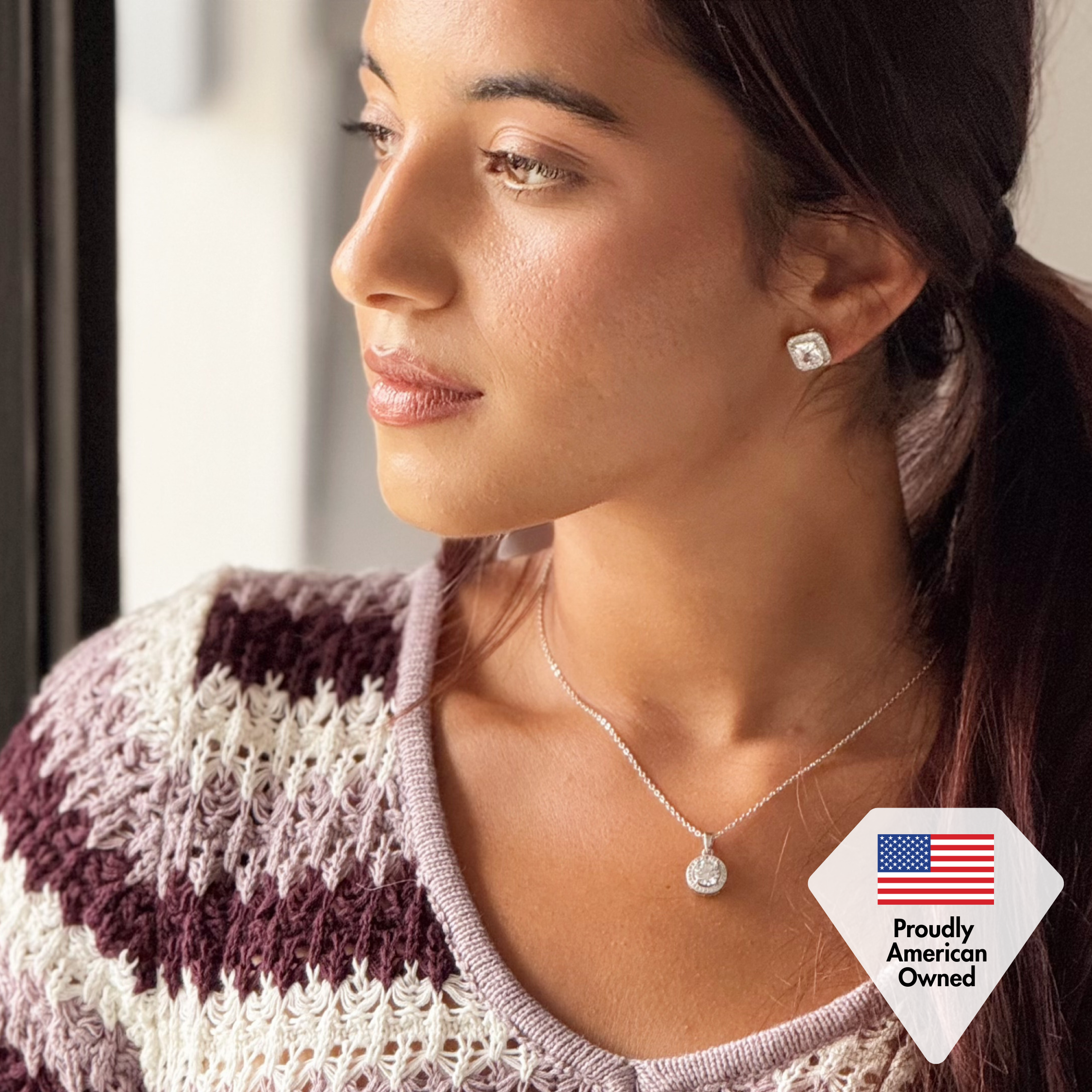 Norah 18k White Gold Plated Princess Cut Halo Stud Earrings with Simulated Diamond Crystals