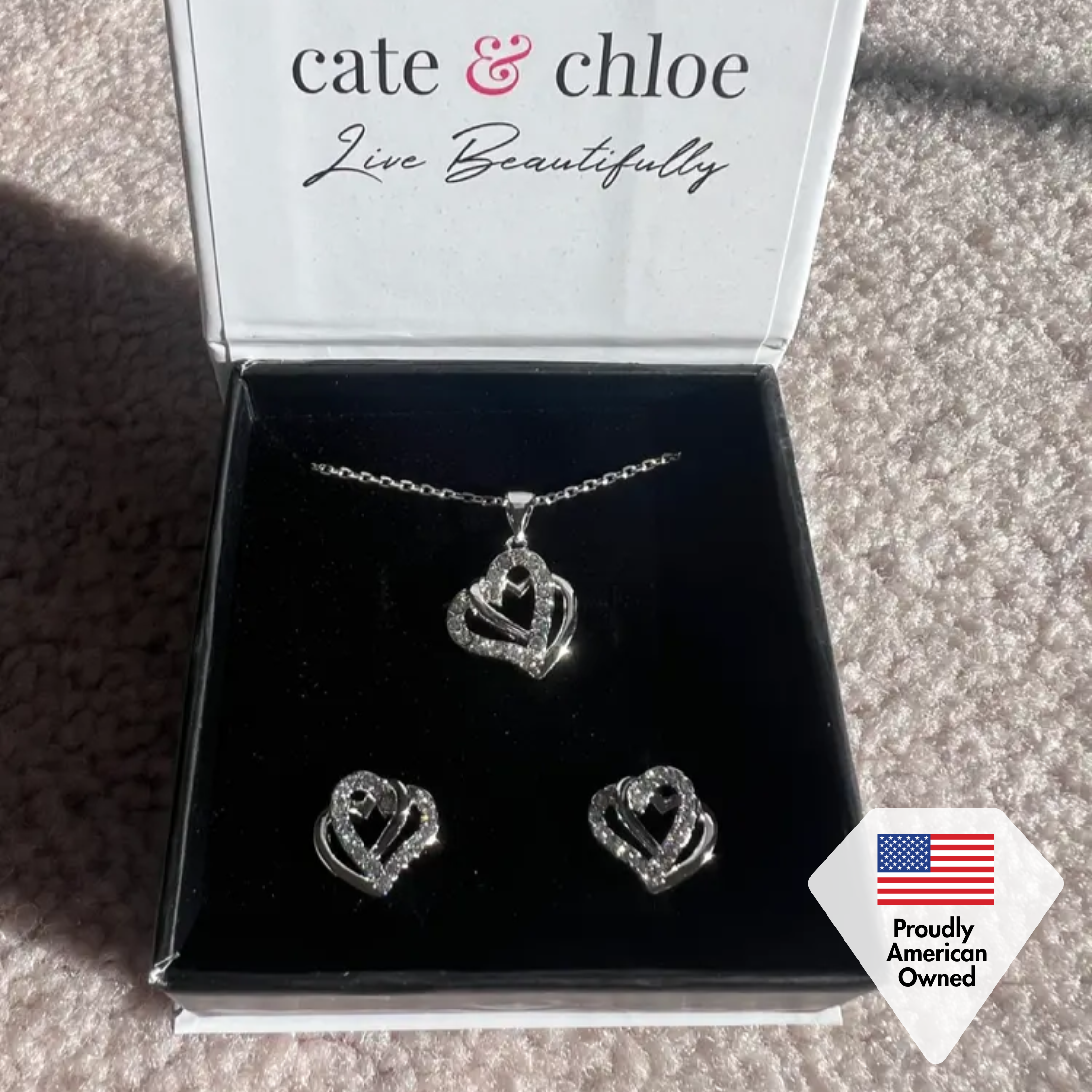 Angela 18k White Gold Plated Double Heart Stud Earrings and Necklace Set with Swarovski Crystals