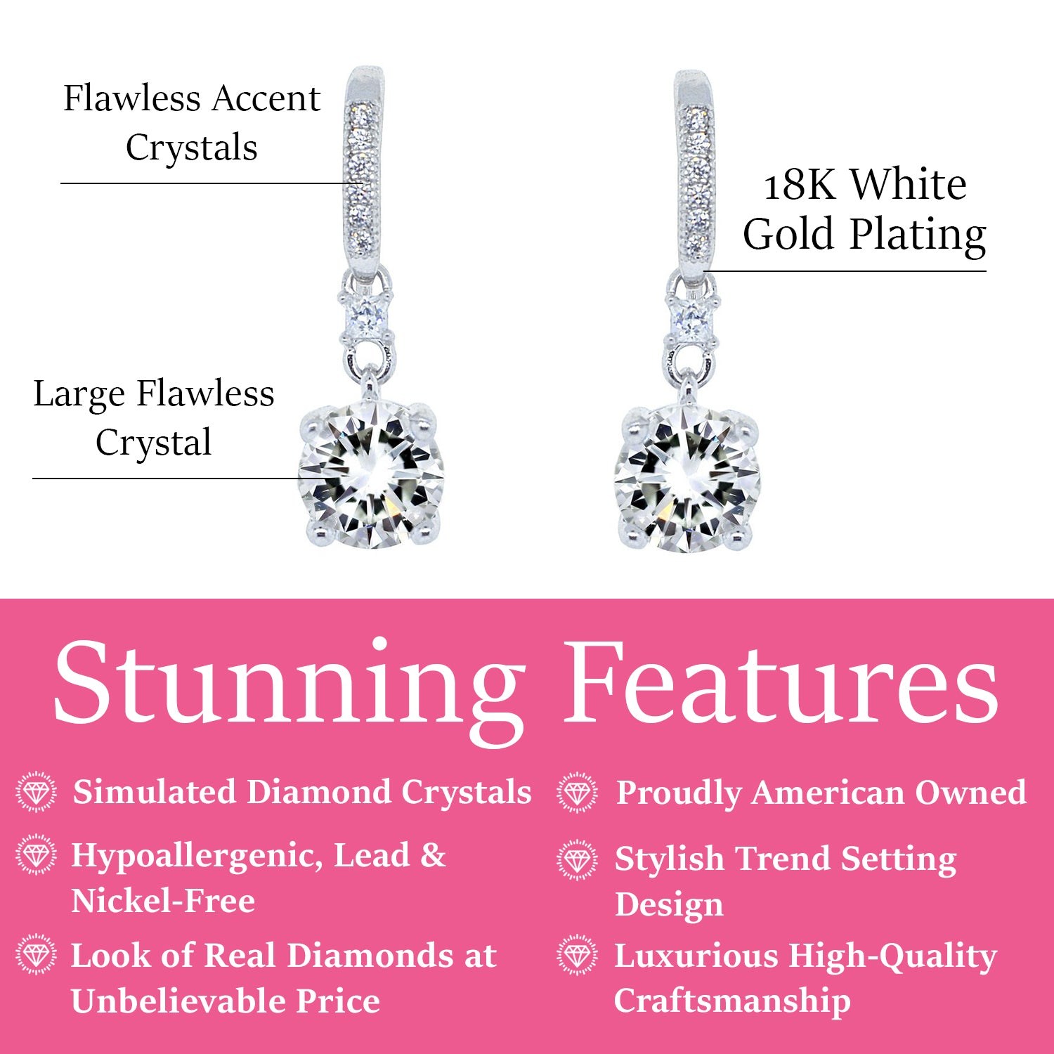 Valerie 18k White Gold Plated Drop Earrings with CZ Crystals