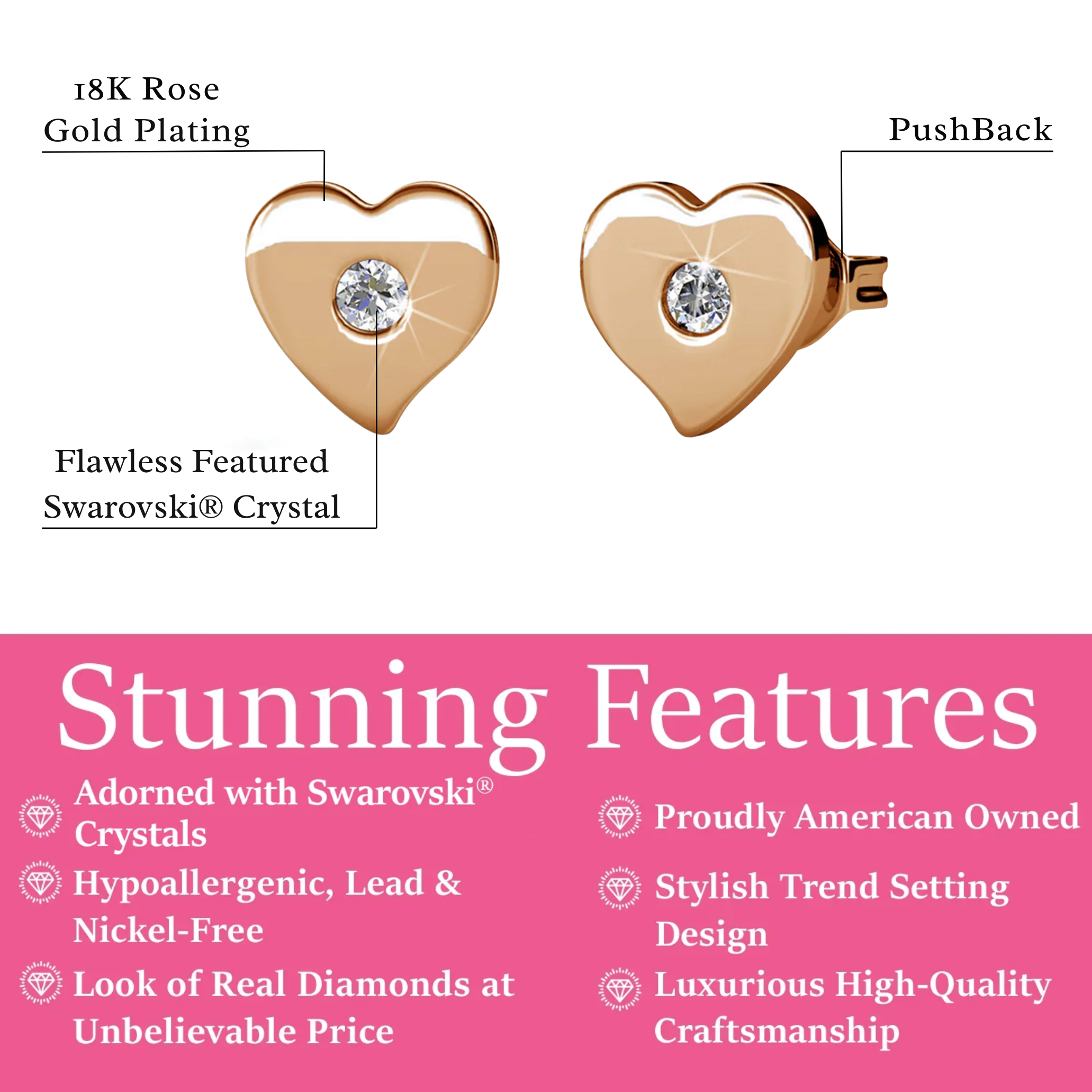 Vanessa 18k White Gold Plated Heart Stud Earrings with Swarovski Crystal