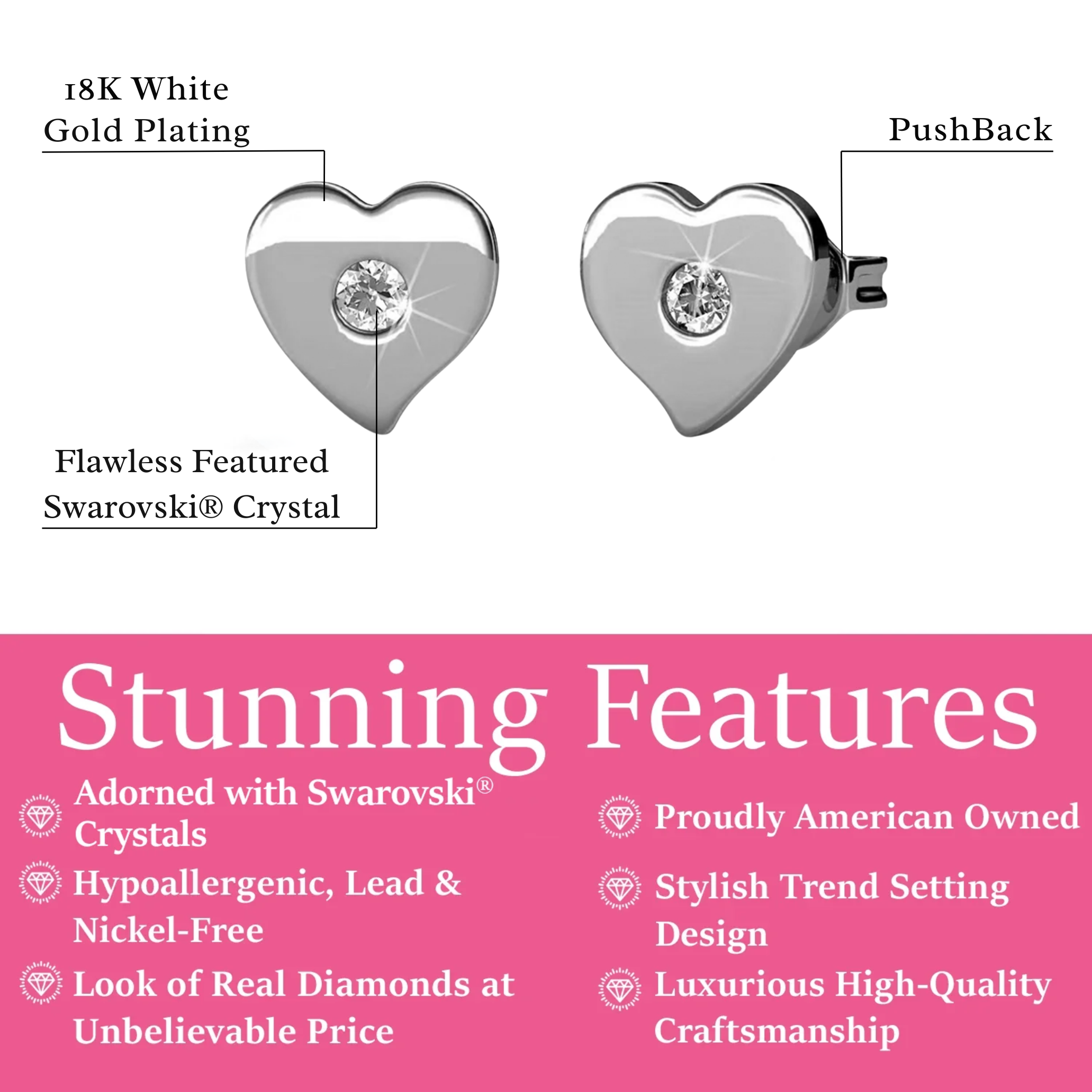 Vanessa 18k White Gold Plated Heart Stud Earrings with Swarovski Crystal