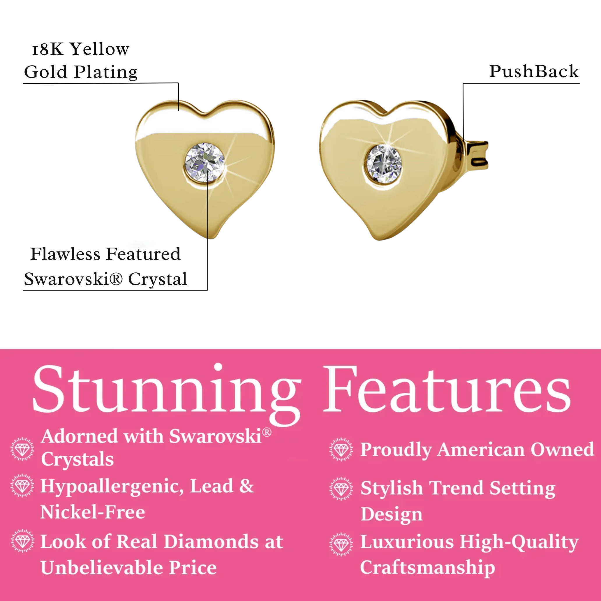 Vanessa 18k White Gold Plated Heart Stud Earrings with Swarovski Crystal