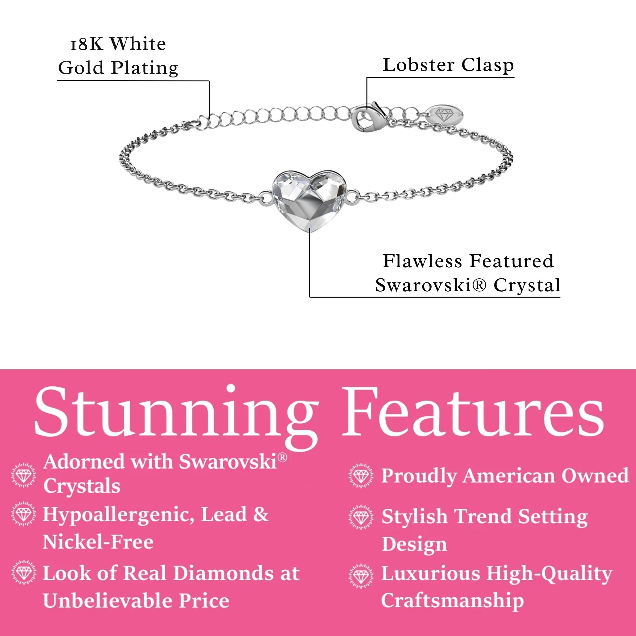 Violet 18k White Gold Plated Heart Bracelet with Swarovski Crystal
