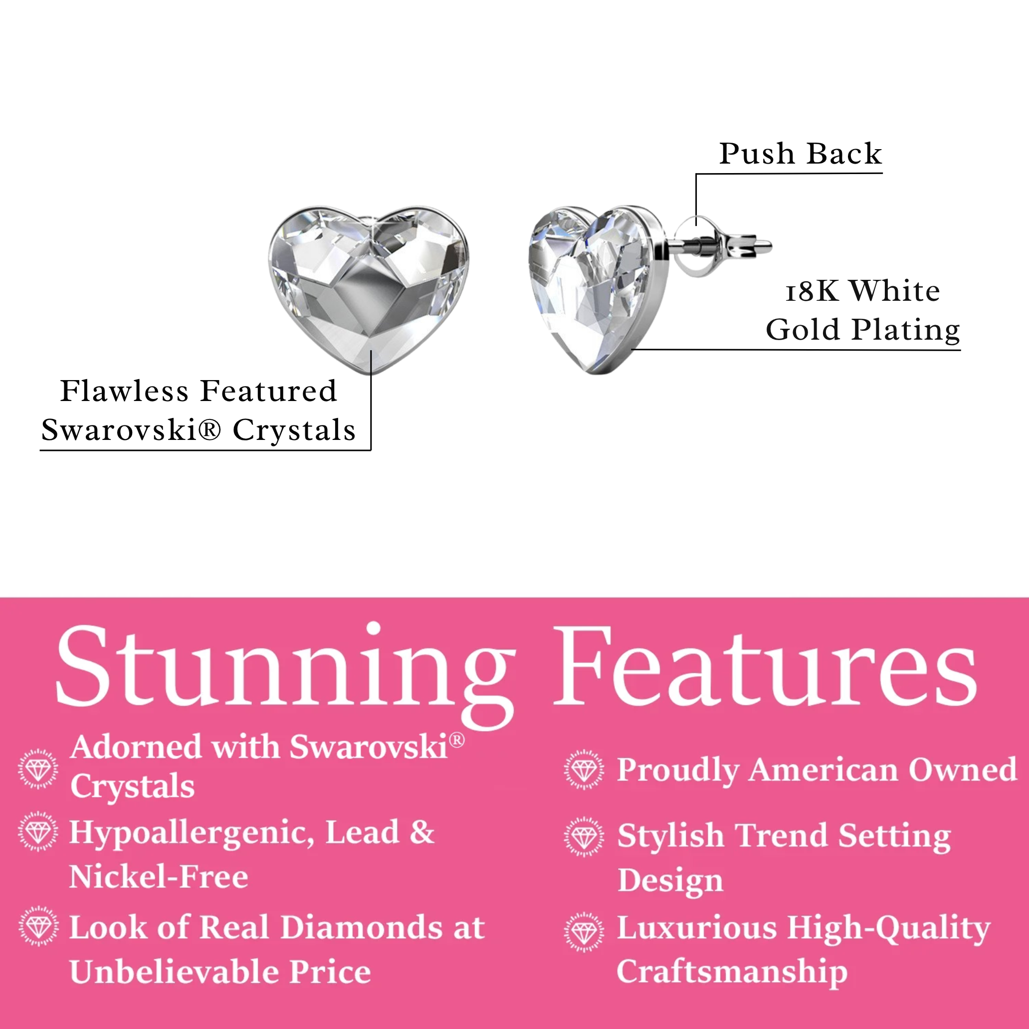 Violet 18k White Gold Plated Heart Stud Earrings with Swarovski Crystals