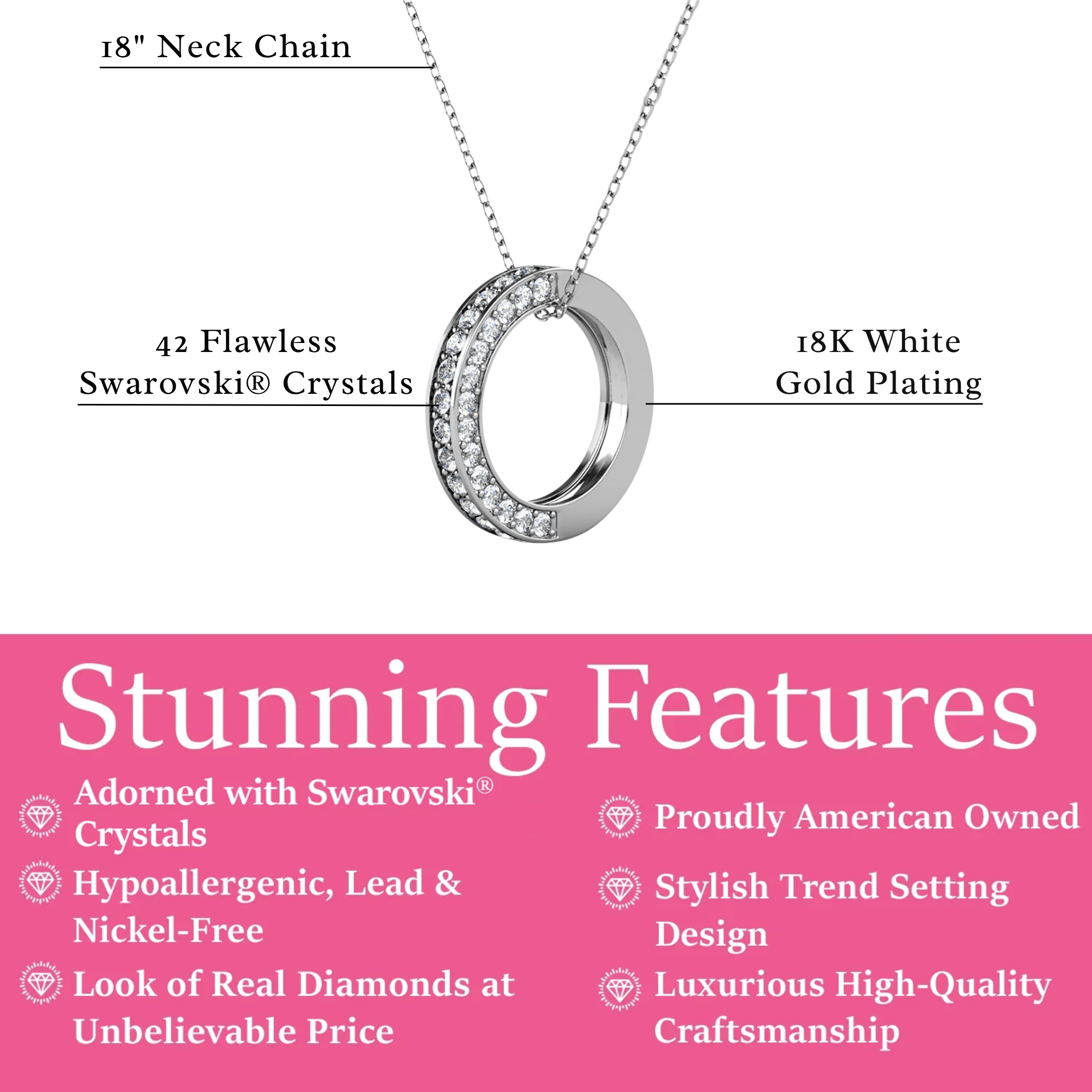 Viviana 18k White Gold Plated Hoop Pendant Necklace with Swarovski Crystals