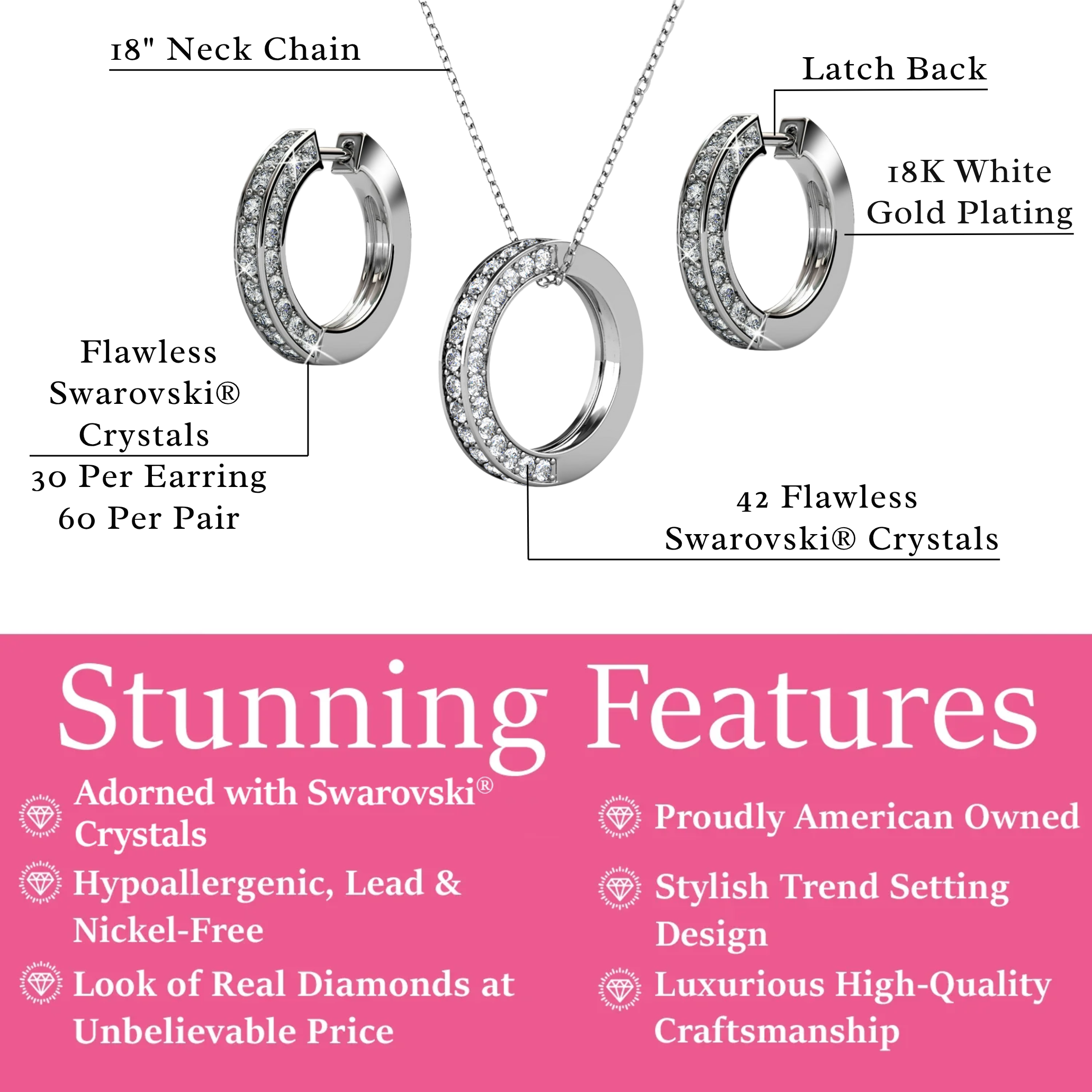 Viviana 18k White Gold Plated Hoop Pendant Necklace and Earring Set with Swarovski Crystals