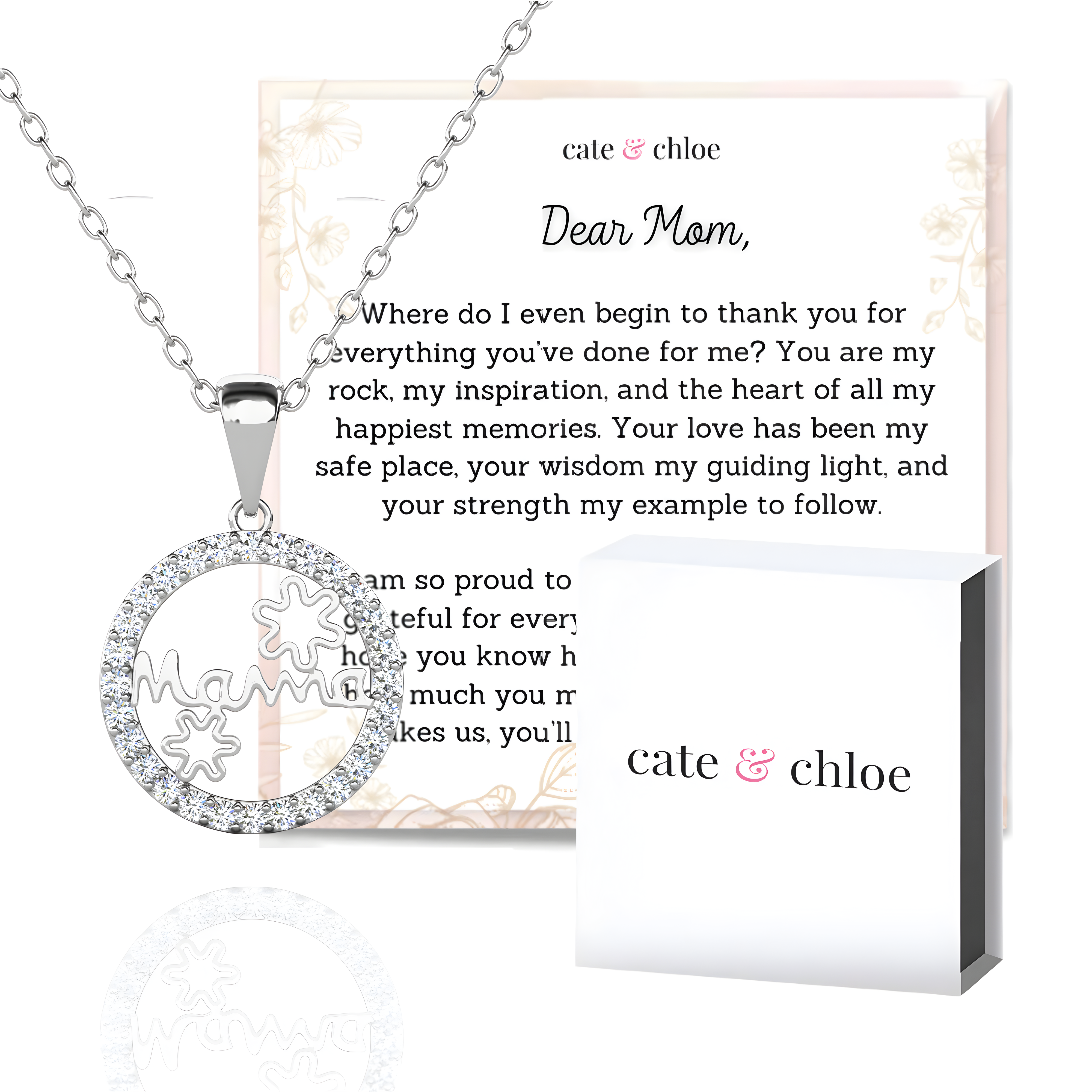 Willa 18k White Gold Plated Circle Mama Necklace with Swarovski Crystals & Heartfelt Message for Mom
