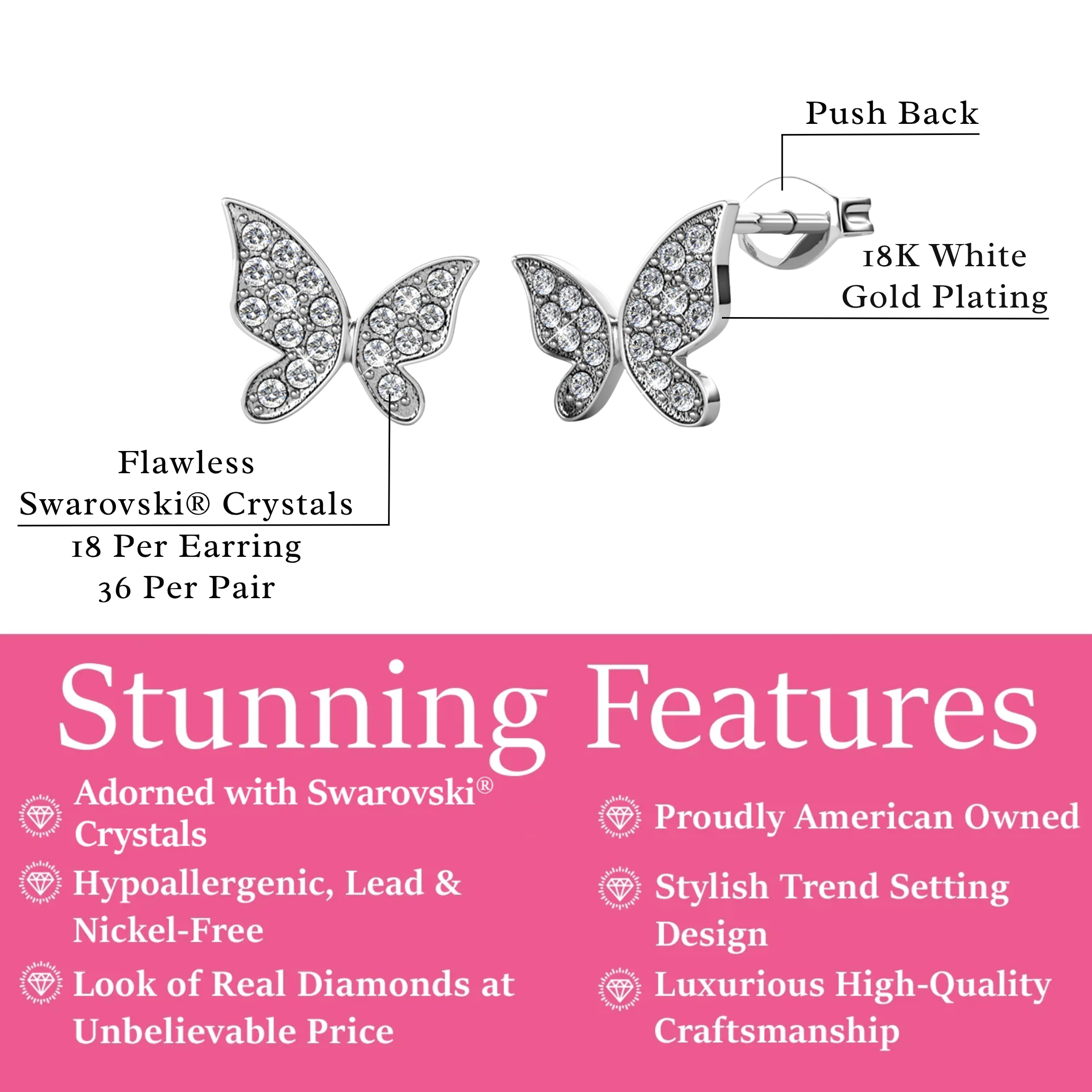 Yuenen 18k White Gold Plated Silver Butterfly Stud Earrings with Swarovski Crystals
