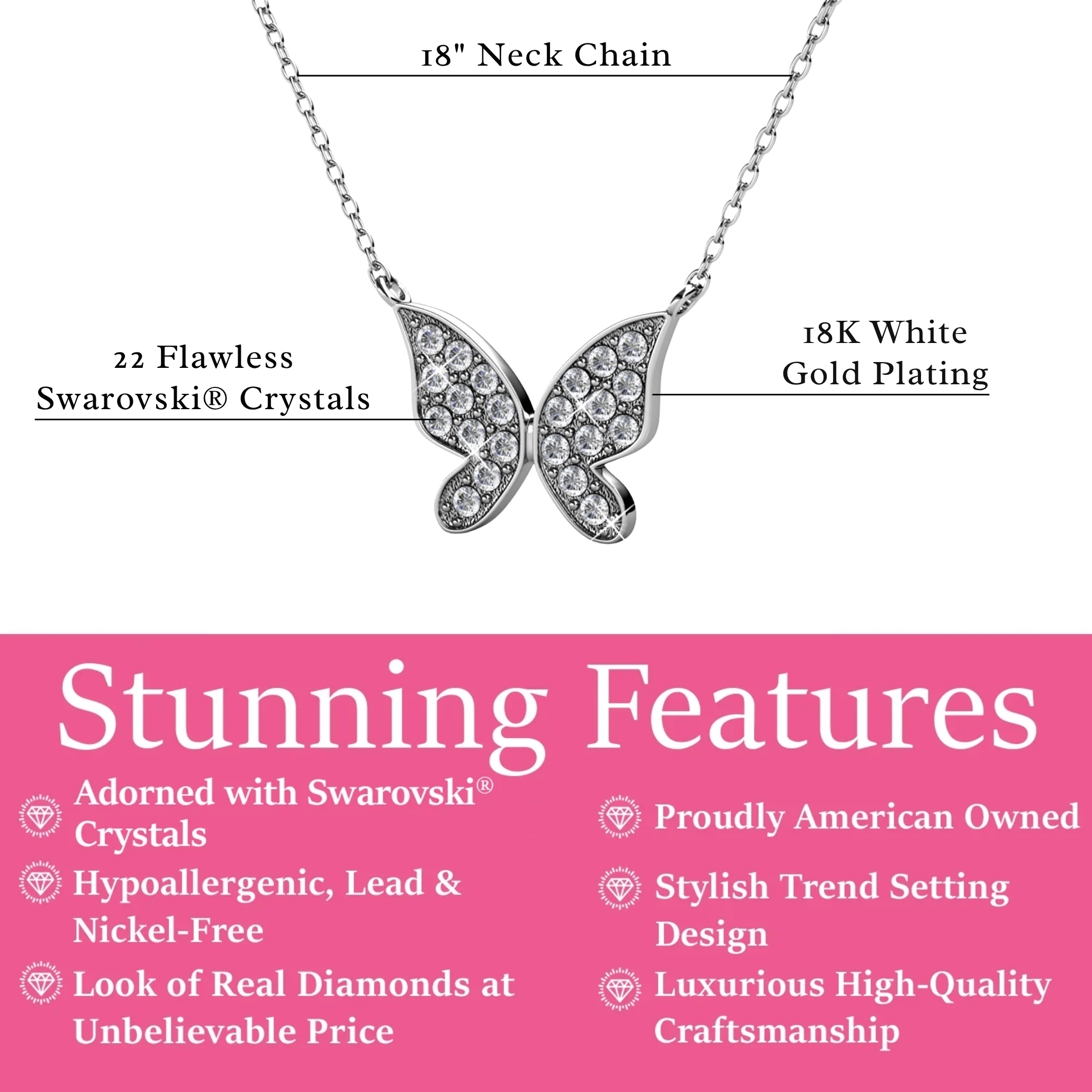 Yuenen 18k White Gold Plated Silver Butterfly Necklace with Swarovski Crystals