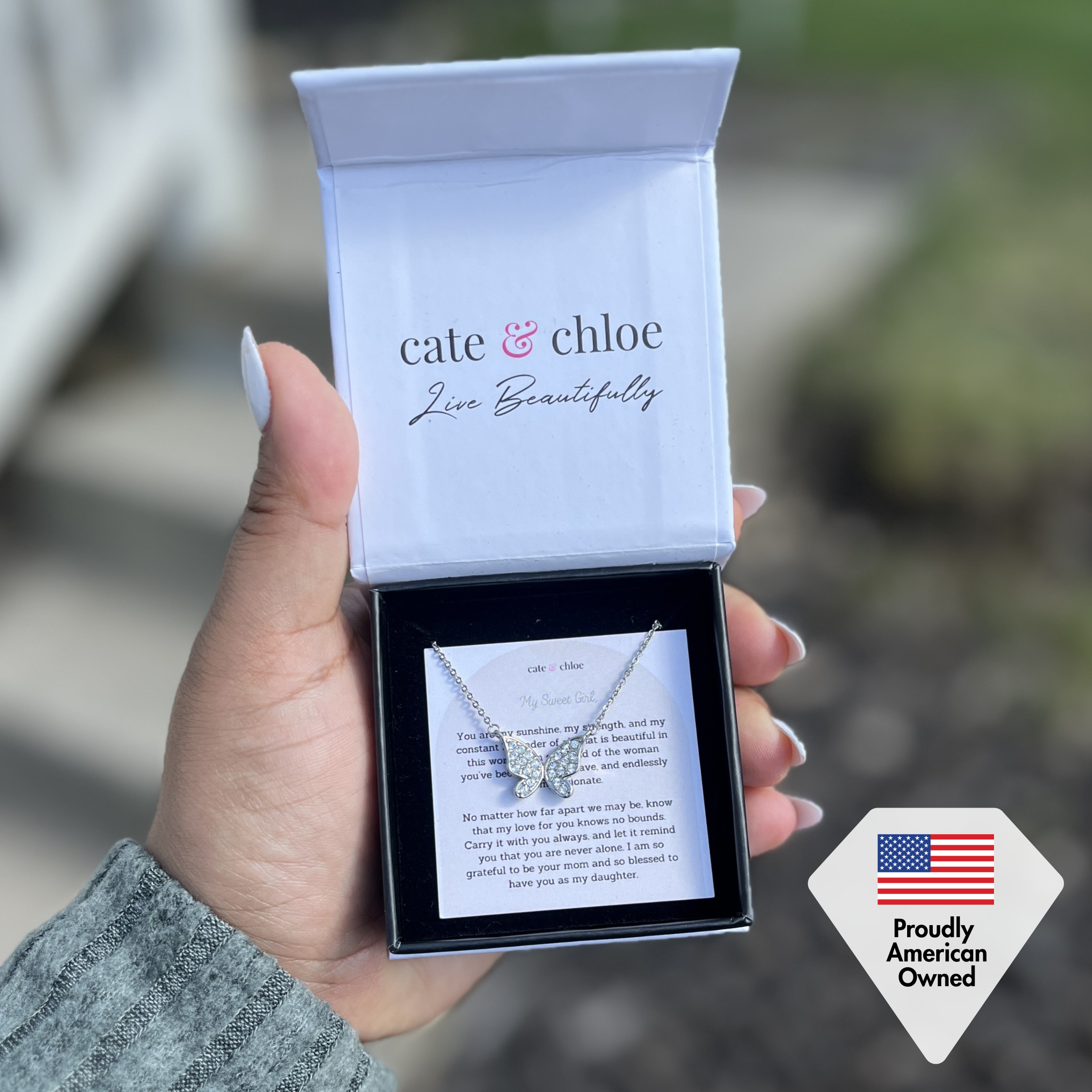 Yuenen 18k White Gold Plated Butterfly Necklace with Swarovski Crystals & Heartfelt Message for Daughter