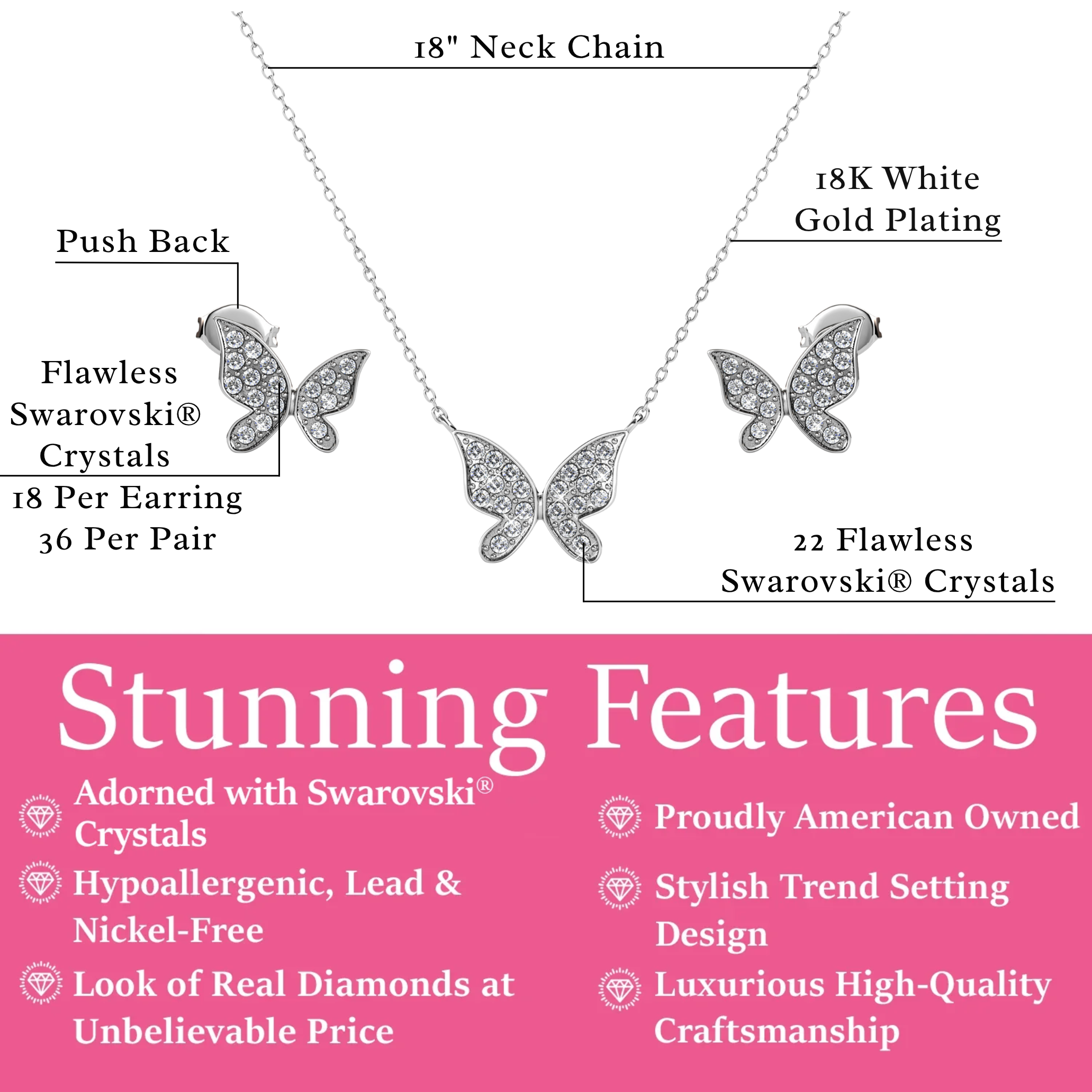 Yuenen 18k White Gold Plated Silver Butterfly Necklace and Earring Set with Swarovski Crystals